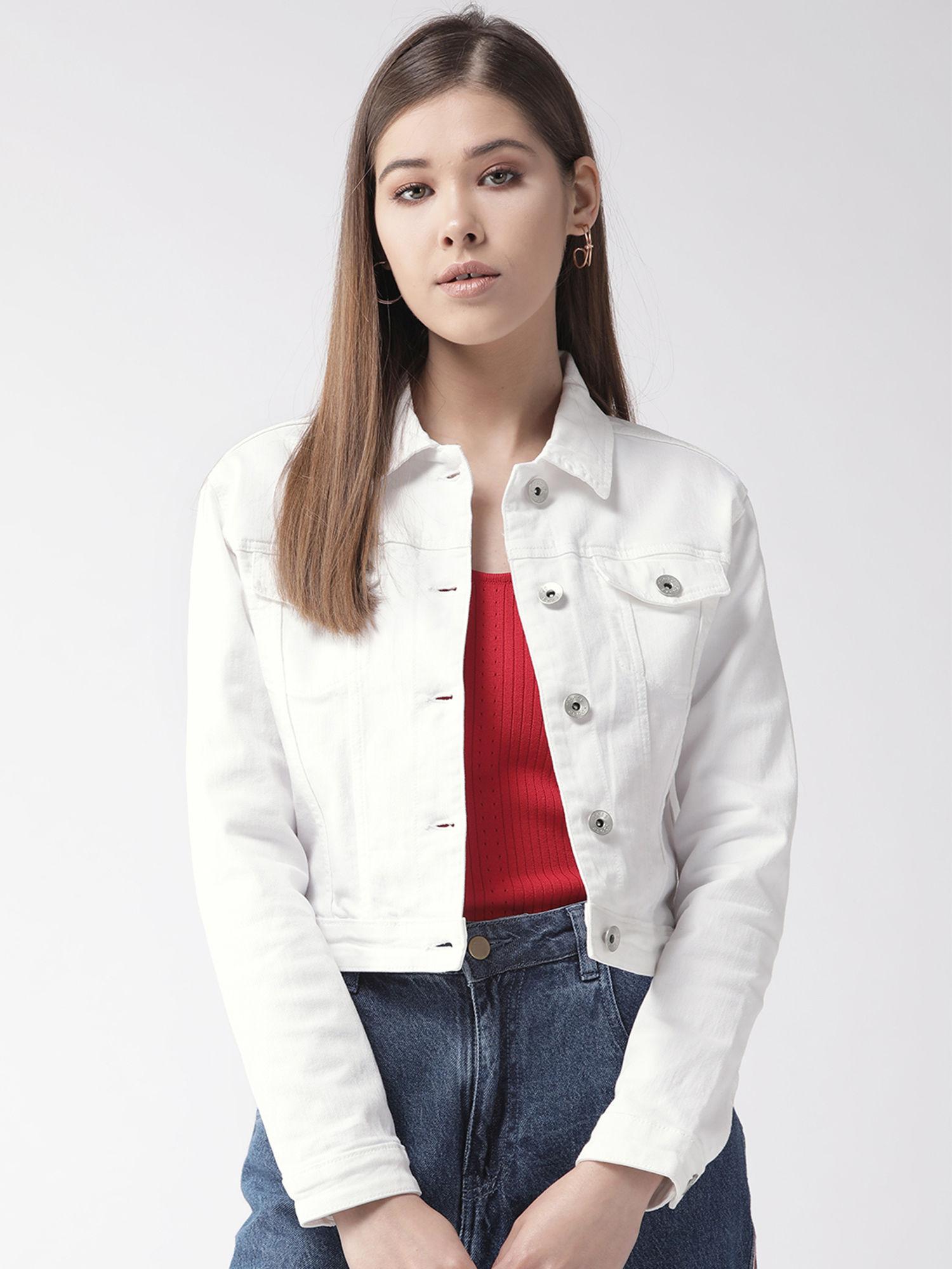 women white solid crop denim jacket