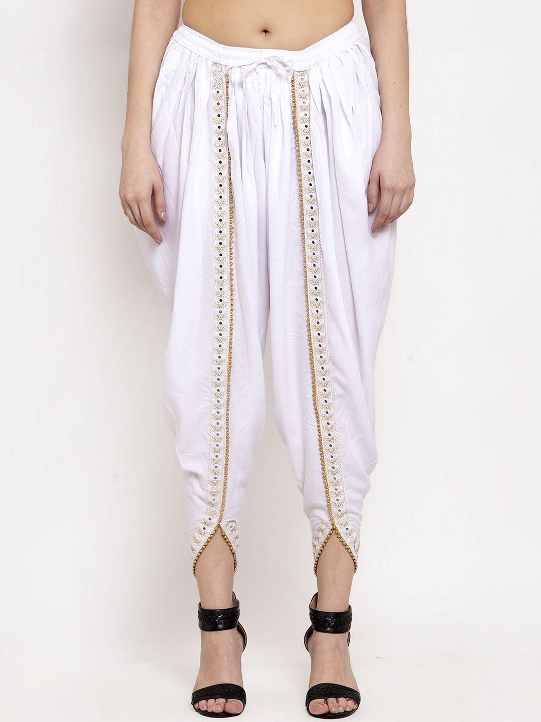 women white solid dhoti salwar with embellished border