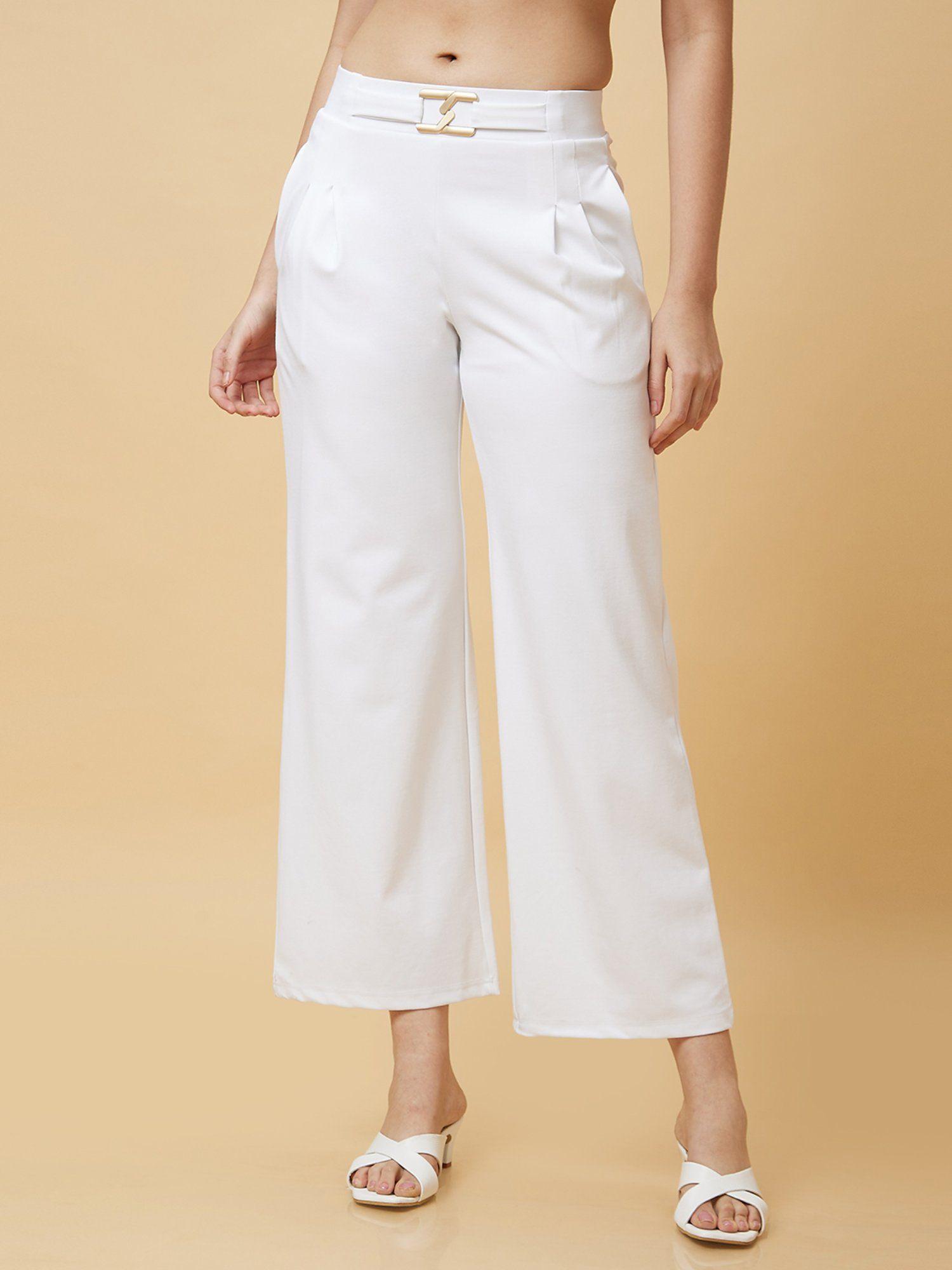 women white solid high-rise loose fit pleated slip-on trouser