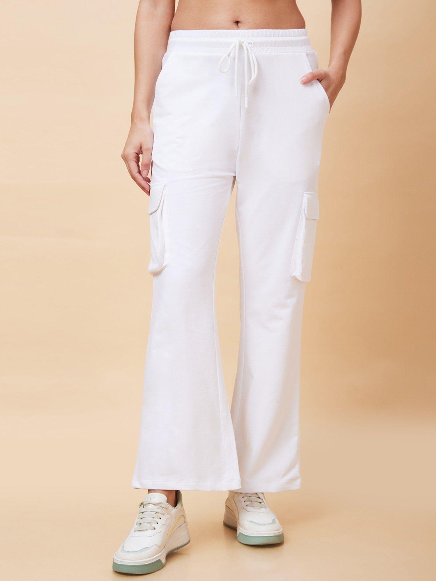 women white solid high-rise straight leg cargo pant