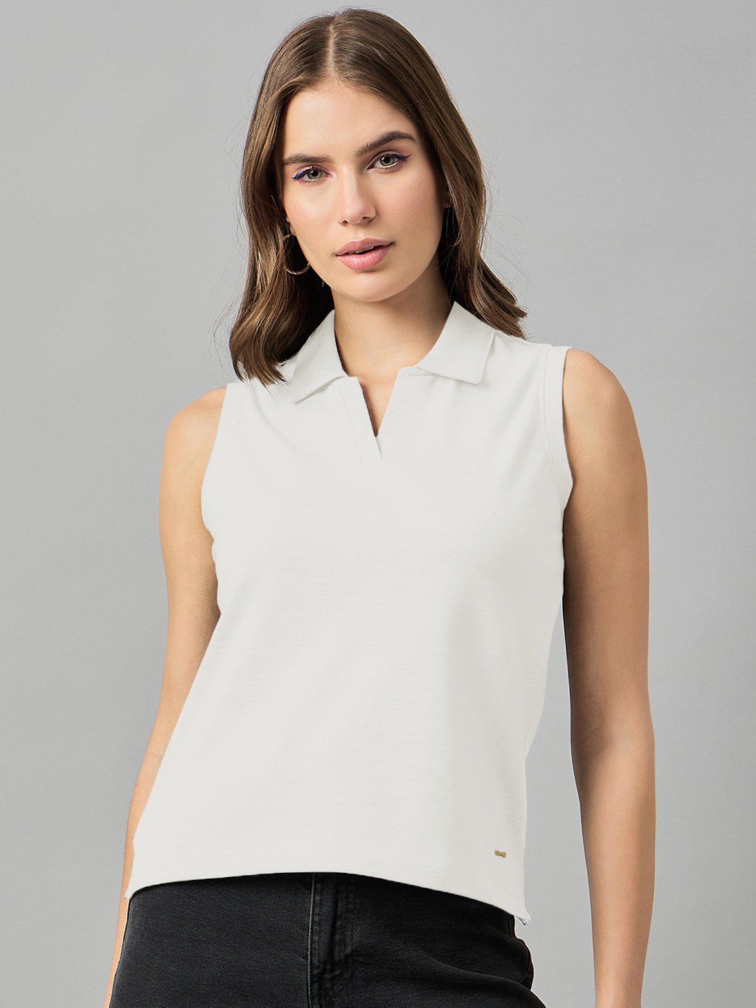 women white solid polo collar sleeveless t shirt