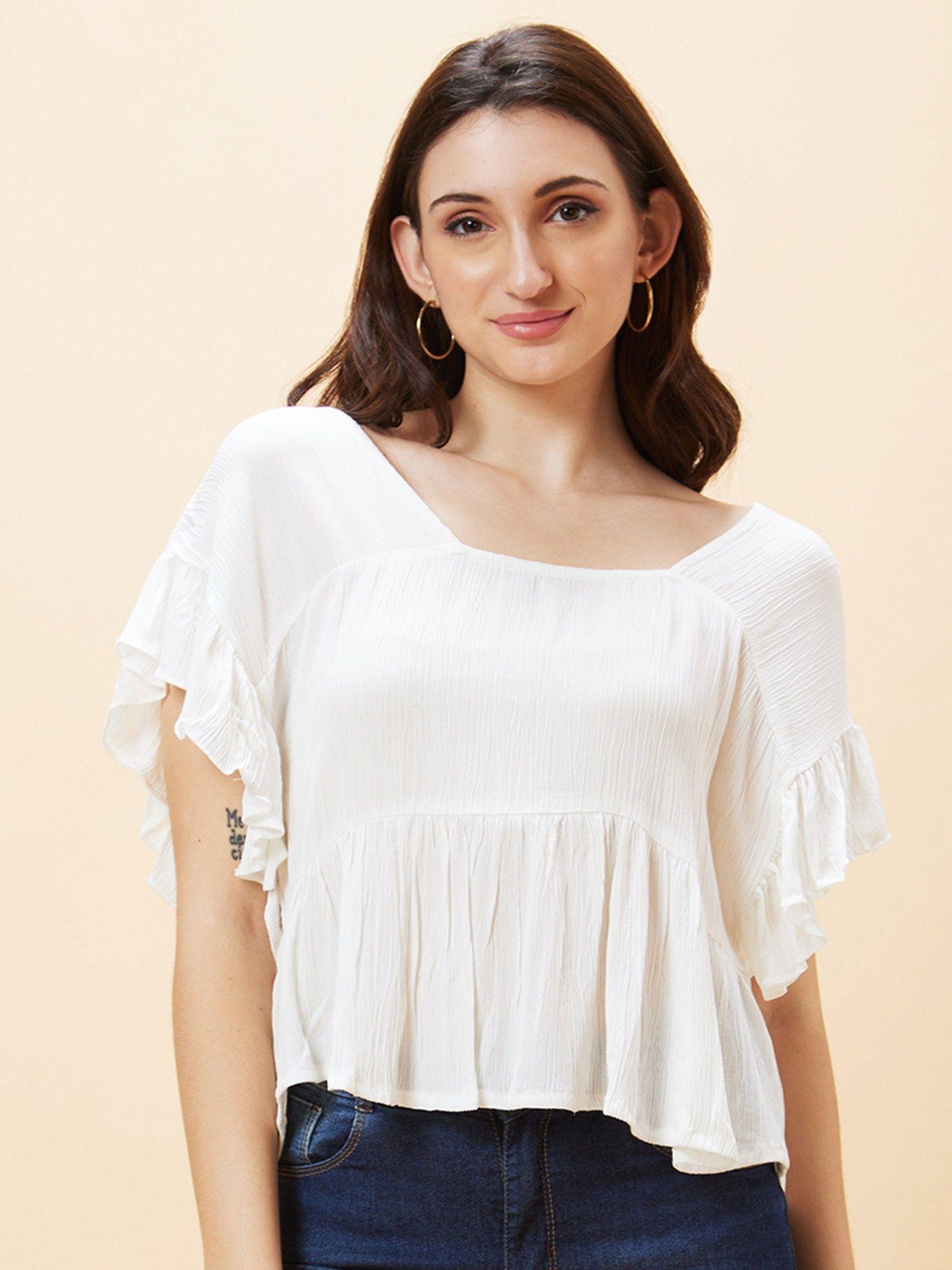 women white solid square neck flared sleeves top