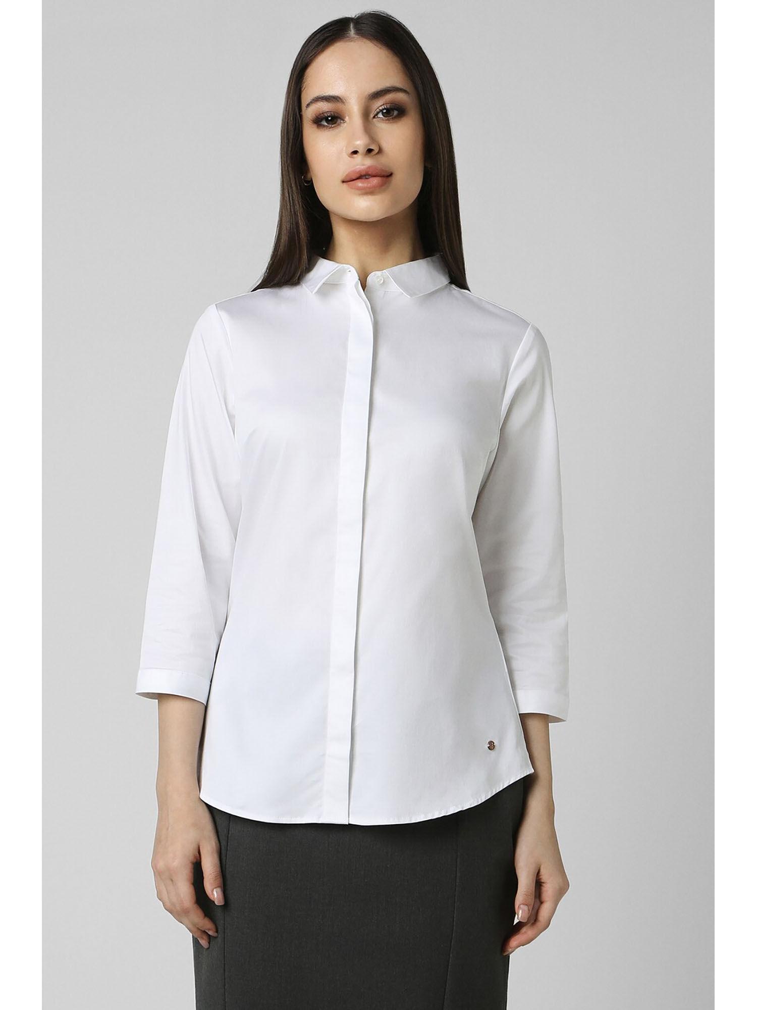 women white solid three fourth sleeves formal shirt