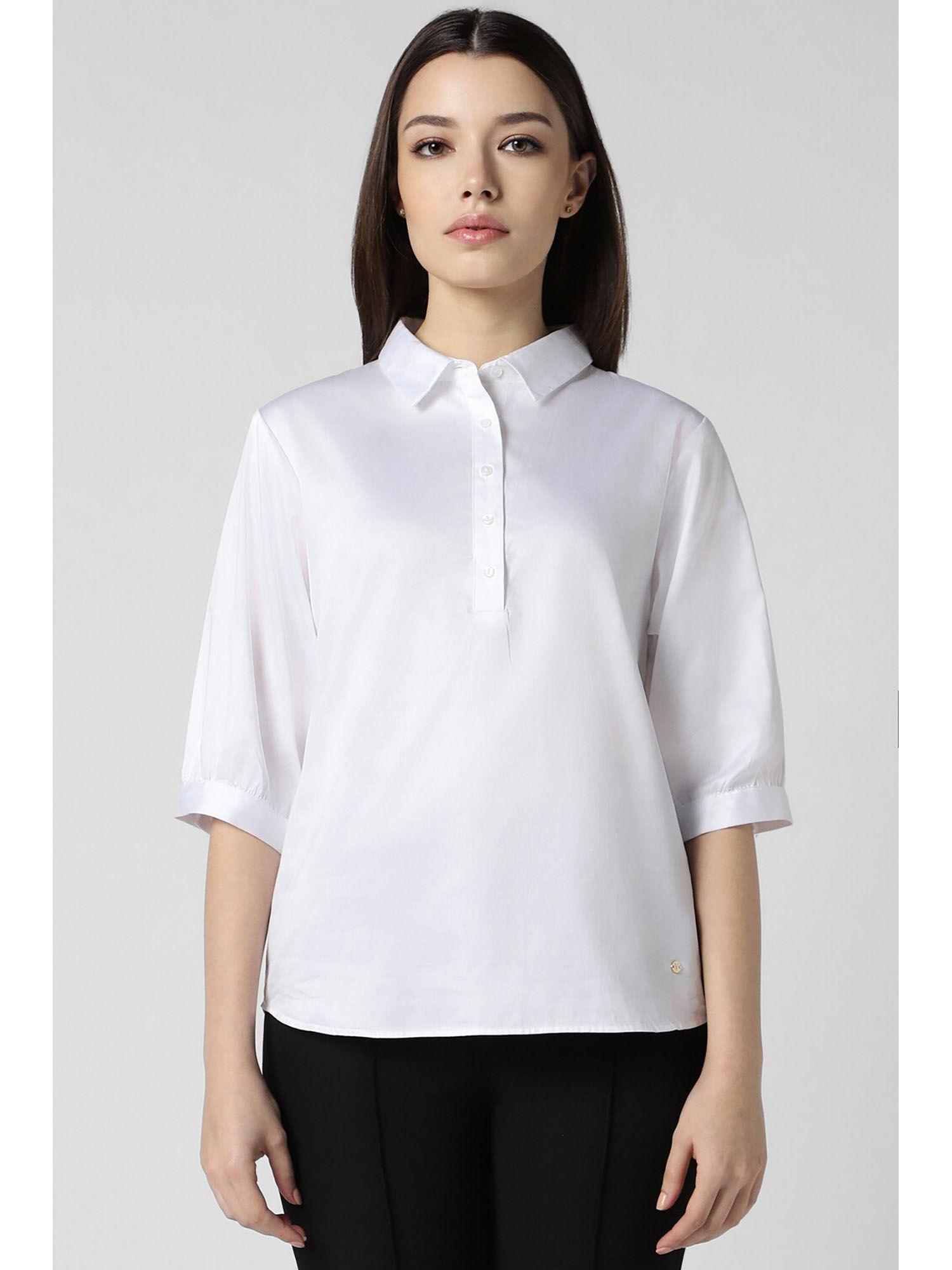 women white solid three fourth sleeves formal shirt