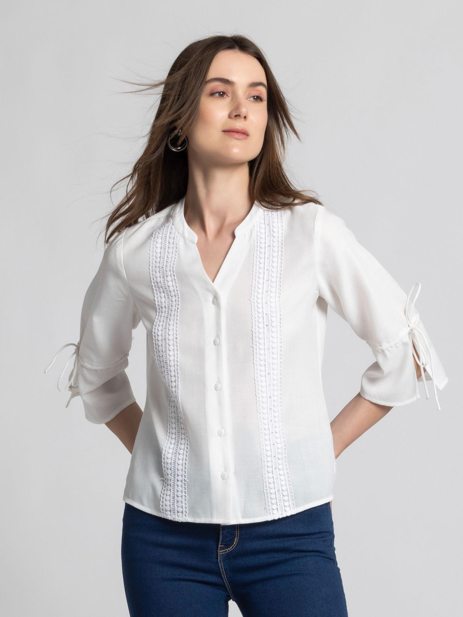 women white solid three-quarter sleeves casual top