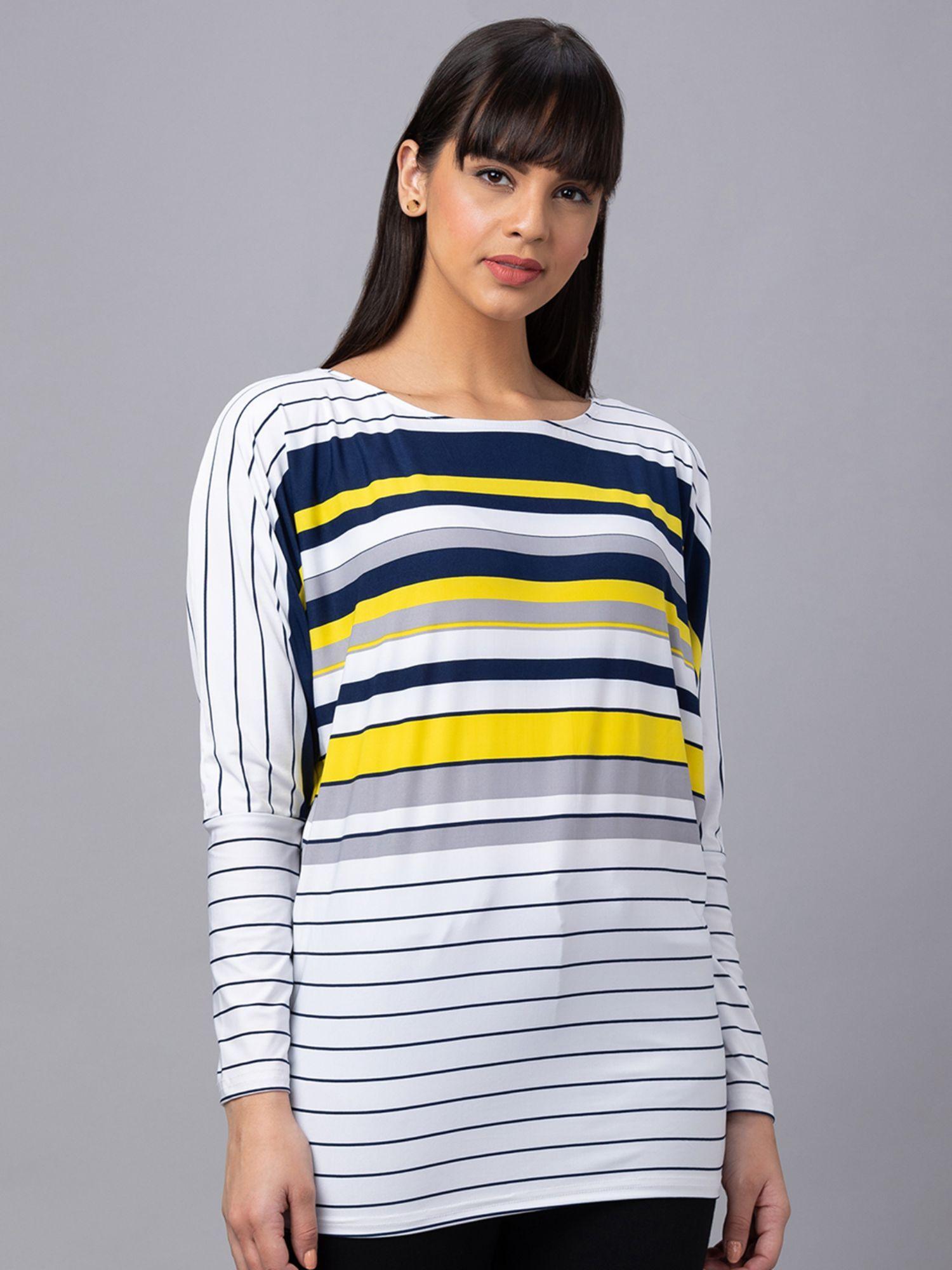 women white striped boat neck longline top