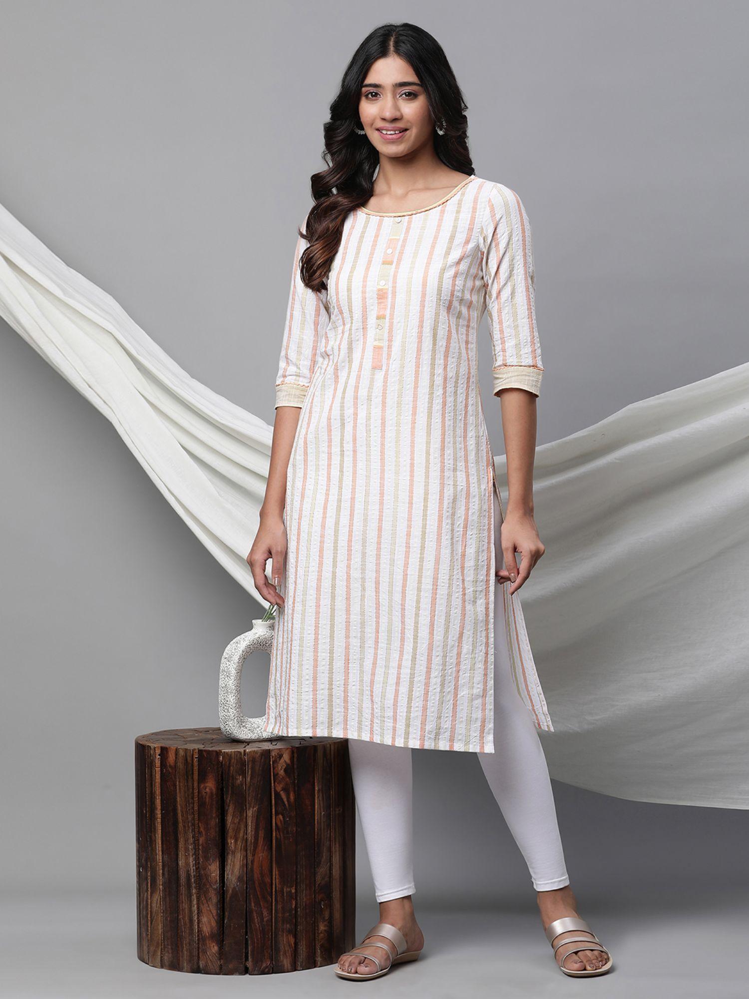 women white stripes three fourth sleeves round neck kurta