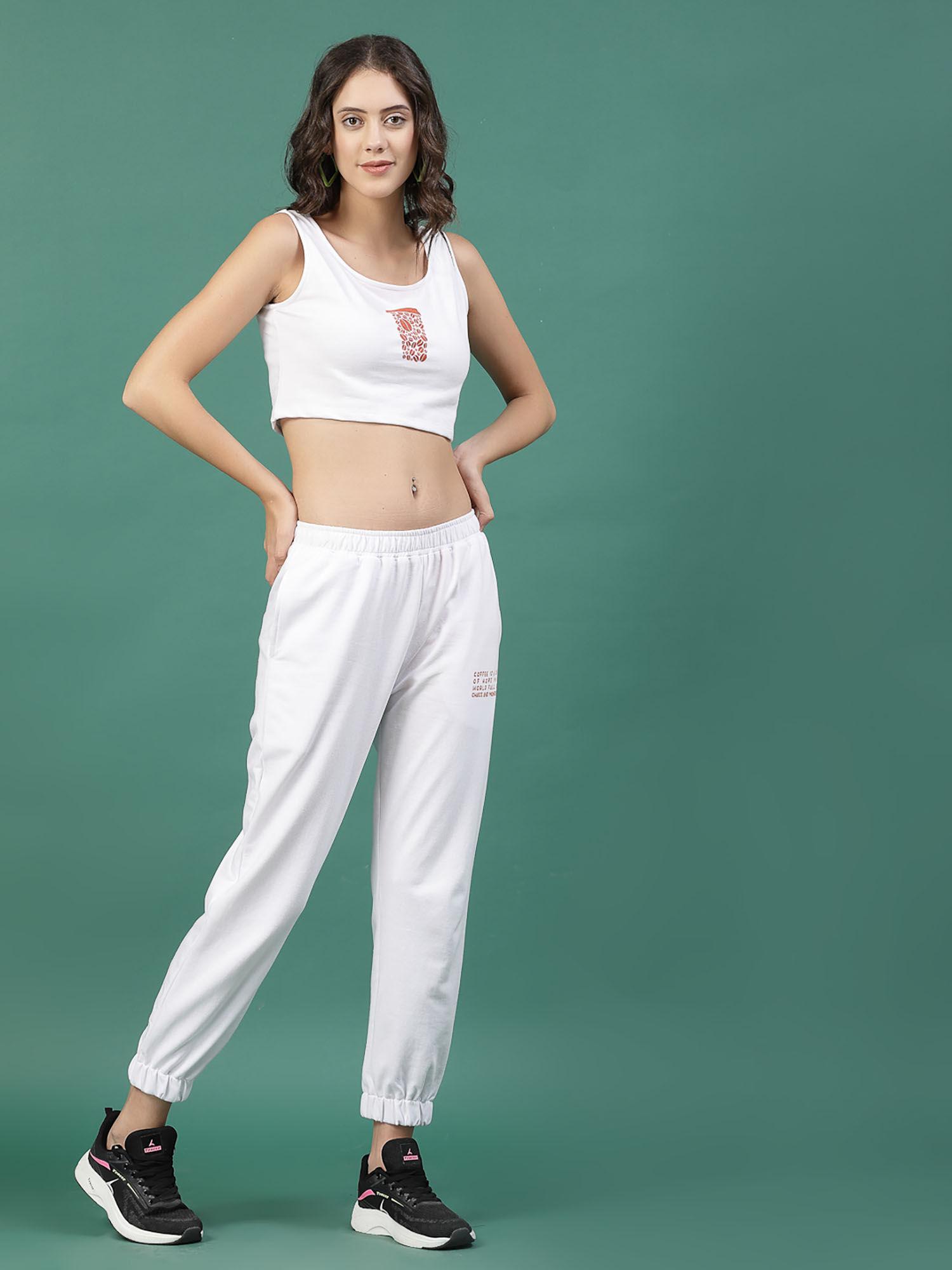 women white terry printed top and trousers (set of 2)