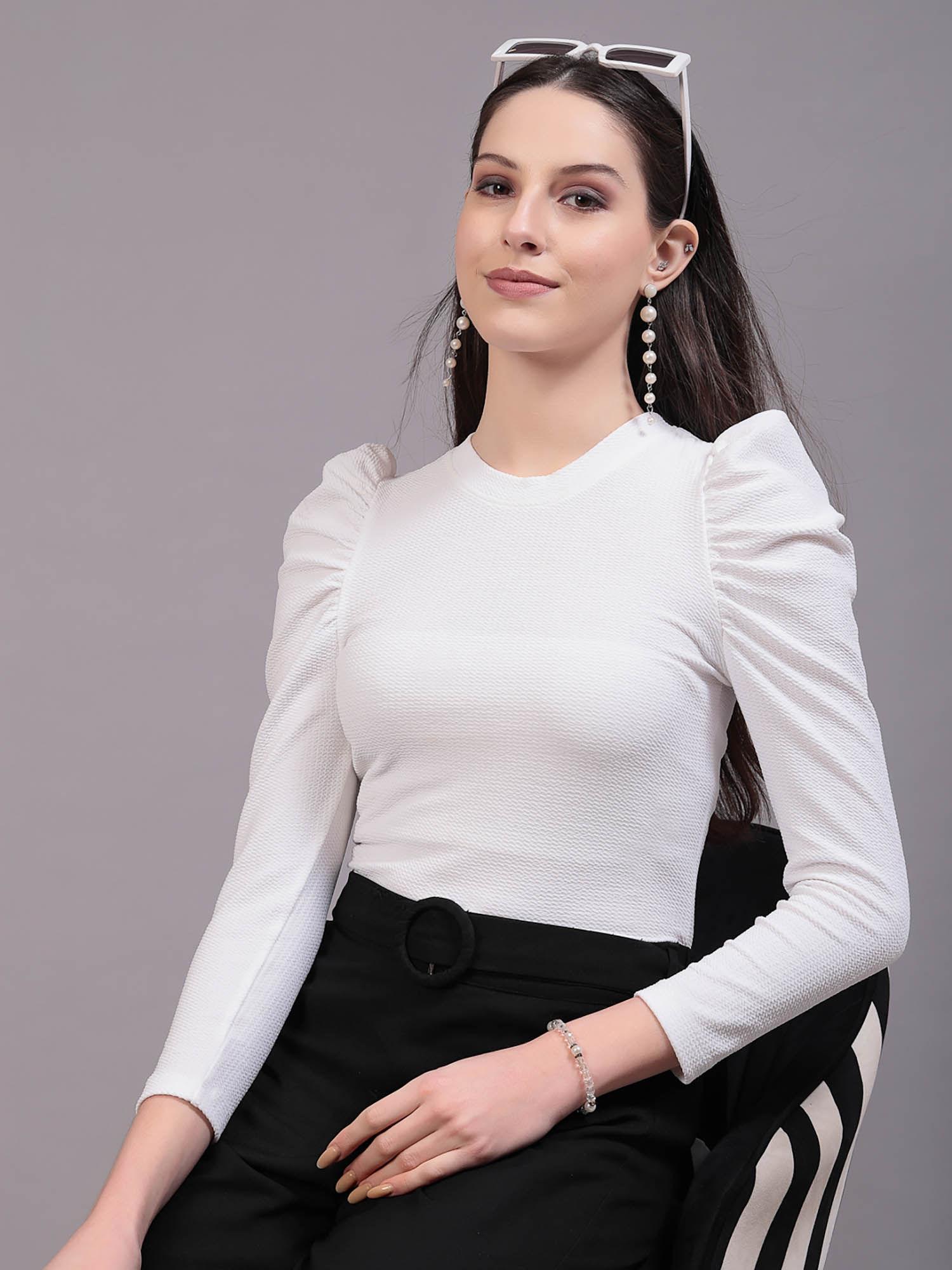 women white texture polyester slim fit smart casual puff sleeve top