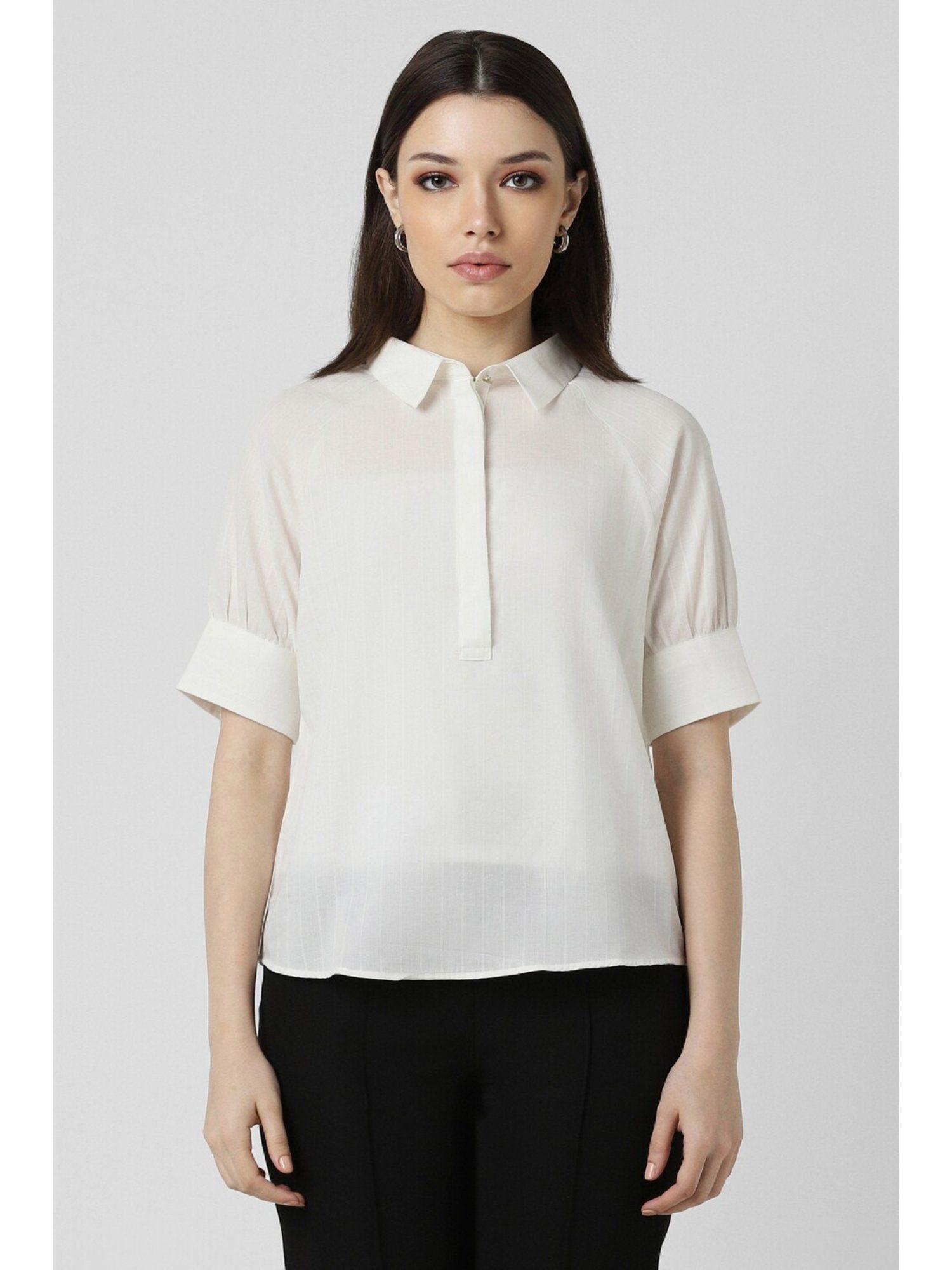 women white textured short sleeves formal shirt