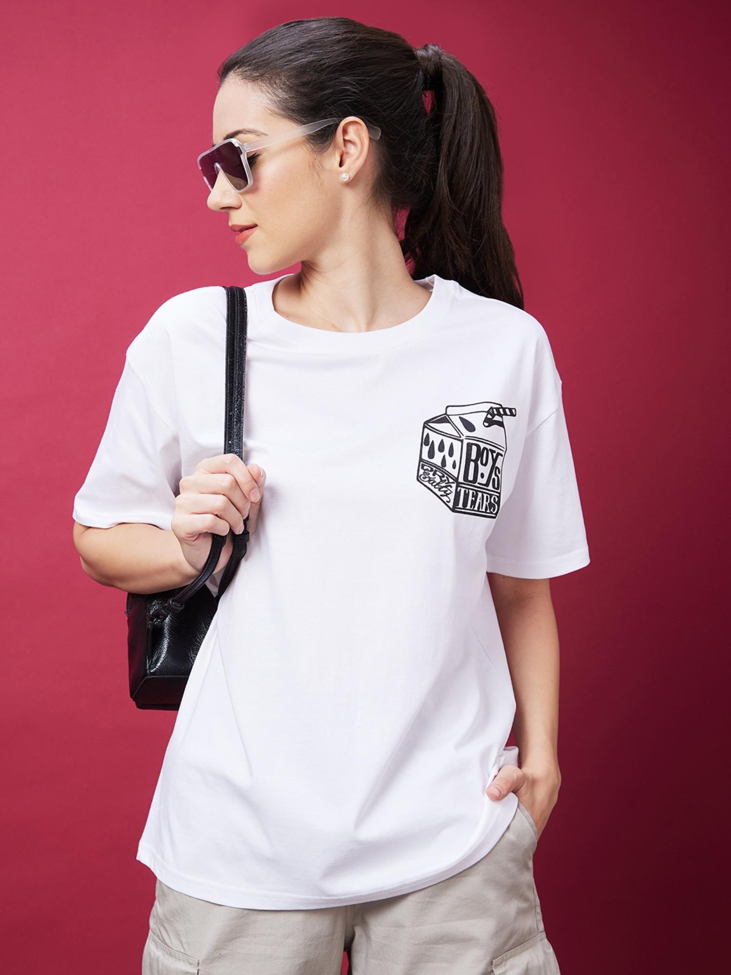 women white typography print drop shoulder sleeves boxy t-shirt