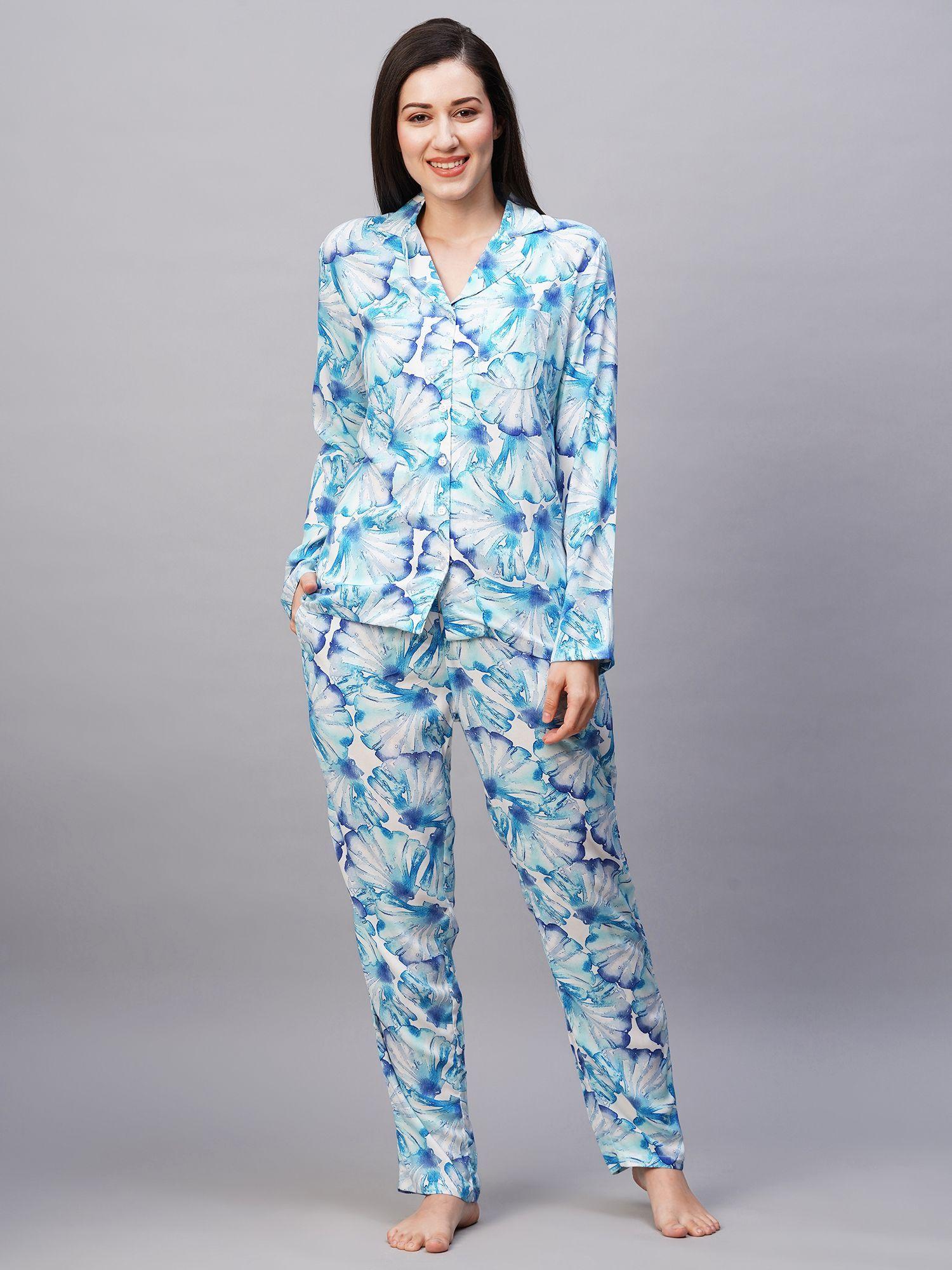 women white with blue floral print night suit (set of 2)