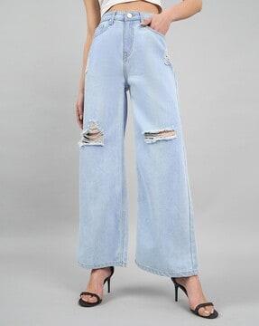 women wide-leg distressed jeans