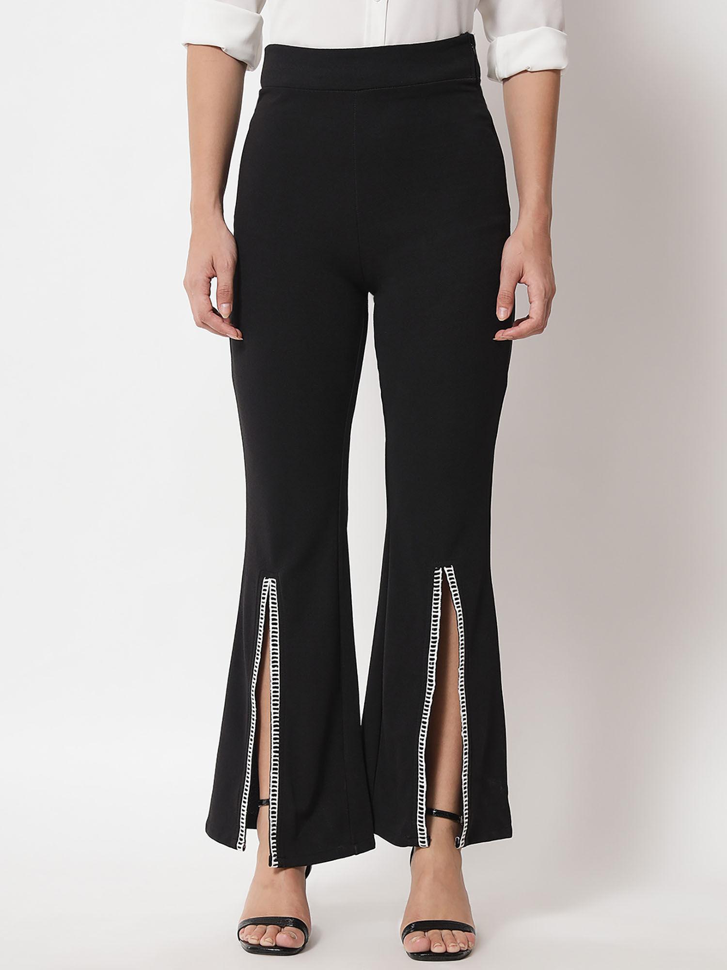 women wide oil black solid trousers