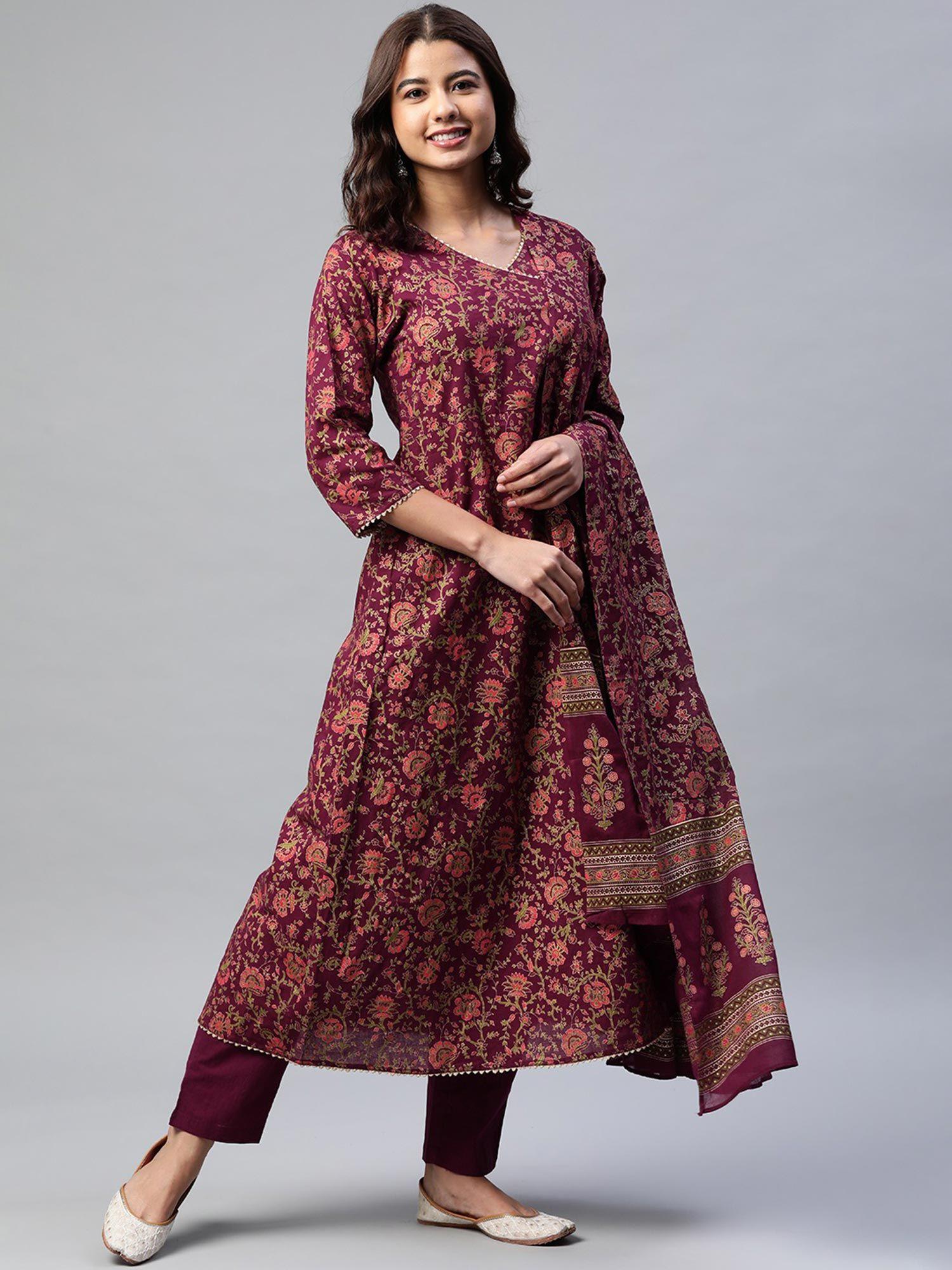 women wine & multi angrakha printed kurta with trousers and dupatta (set of 3)