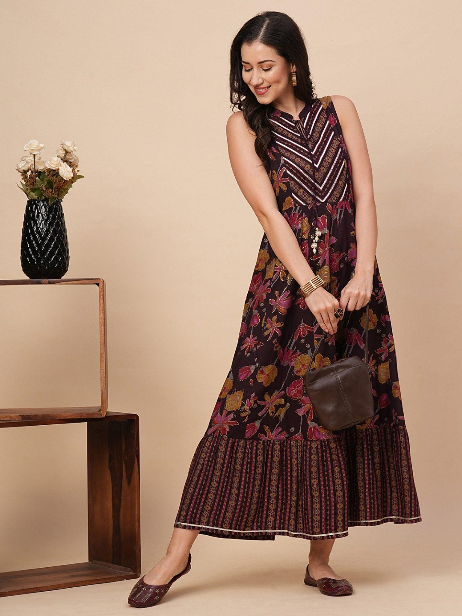 women wine allover printed gota patti a-line festive maxi dress