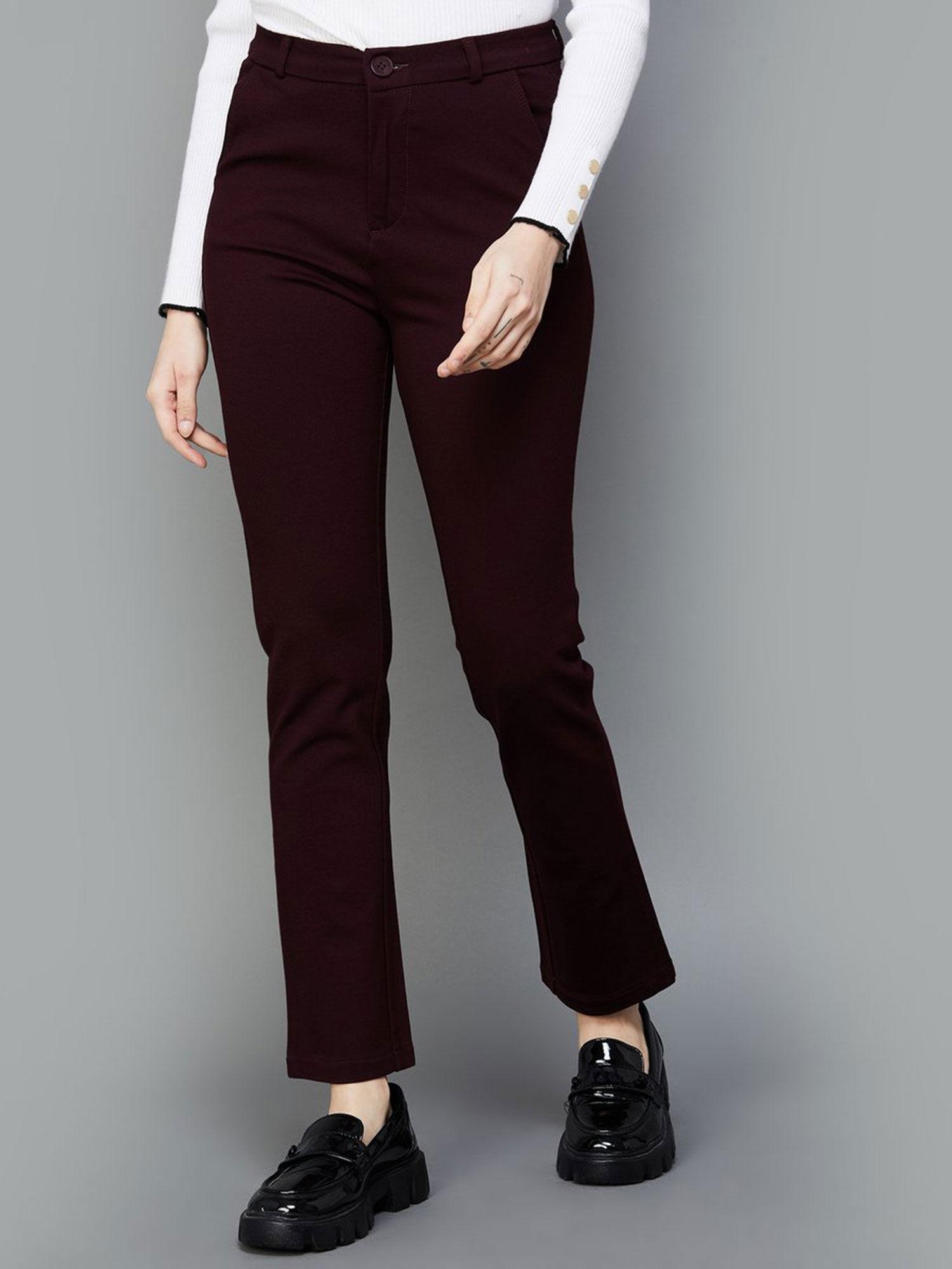 women wine comfort straight slim fit high-rise trousers