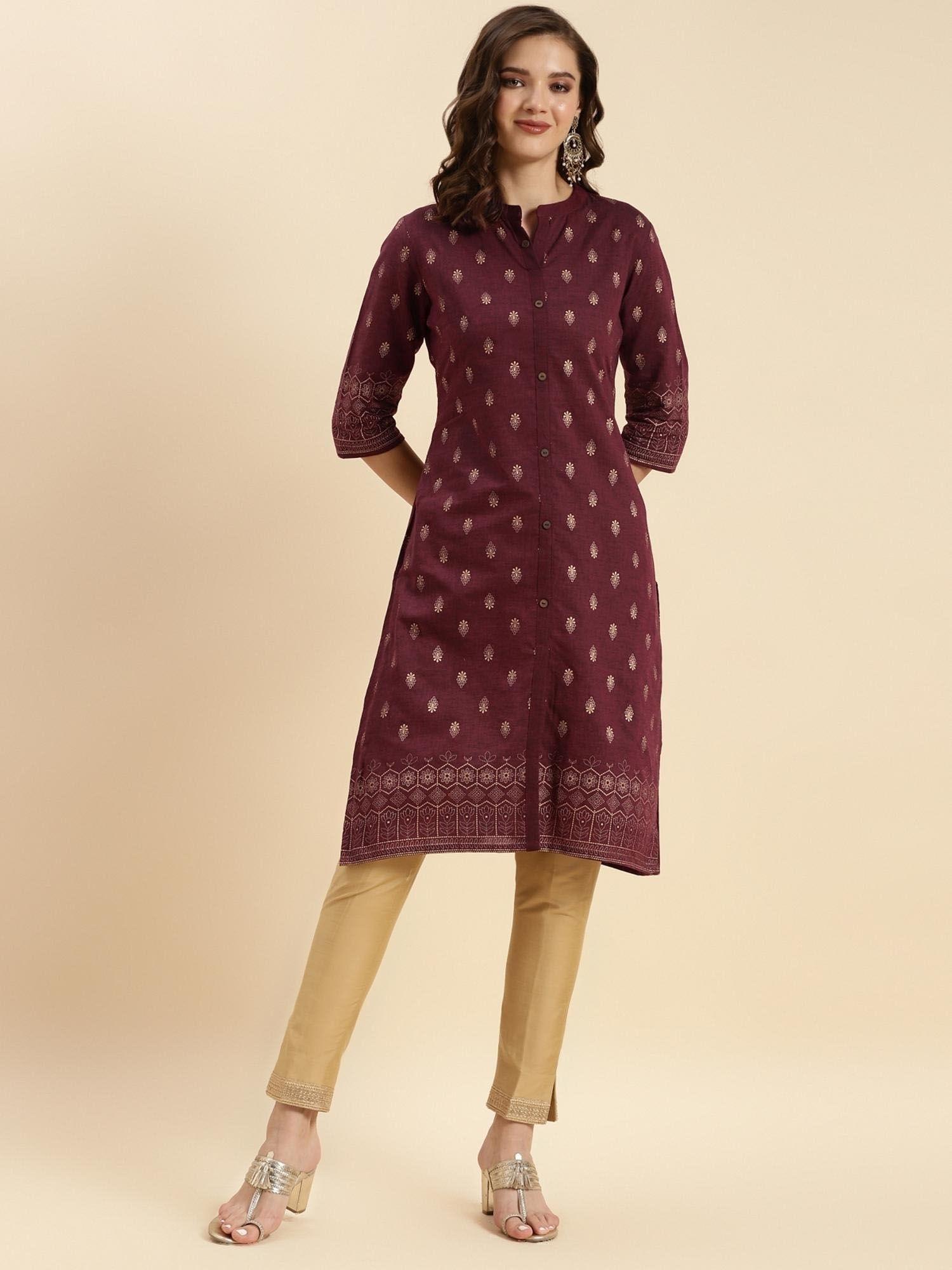 women wine cotton printed knee length front slit kurta