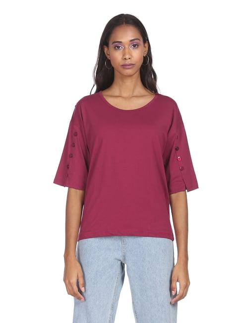 women wine drop shoulder solid t-shirt