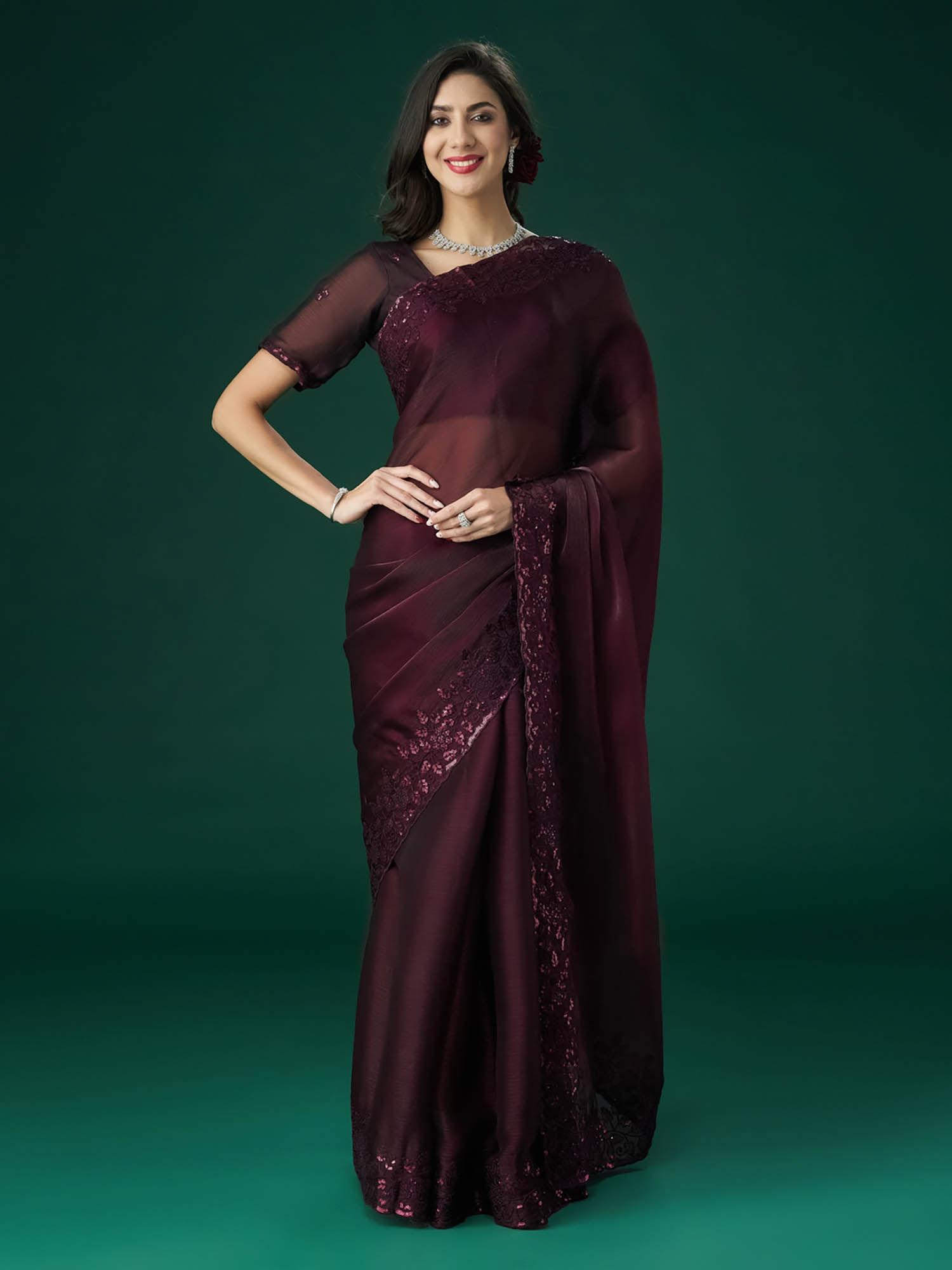 women wine embellished saree with unstitched blouse