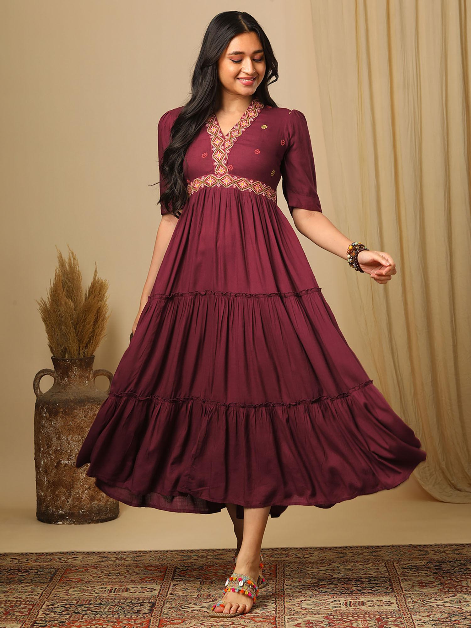 women wine embroidered boho tiered fusion midi dress