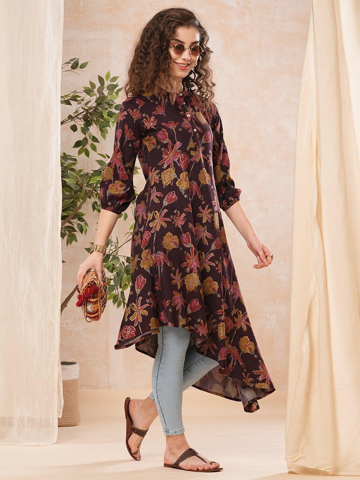 women wine floral print asymmetric hem mandarin collar kurta