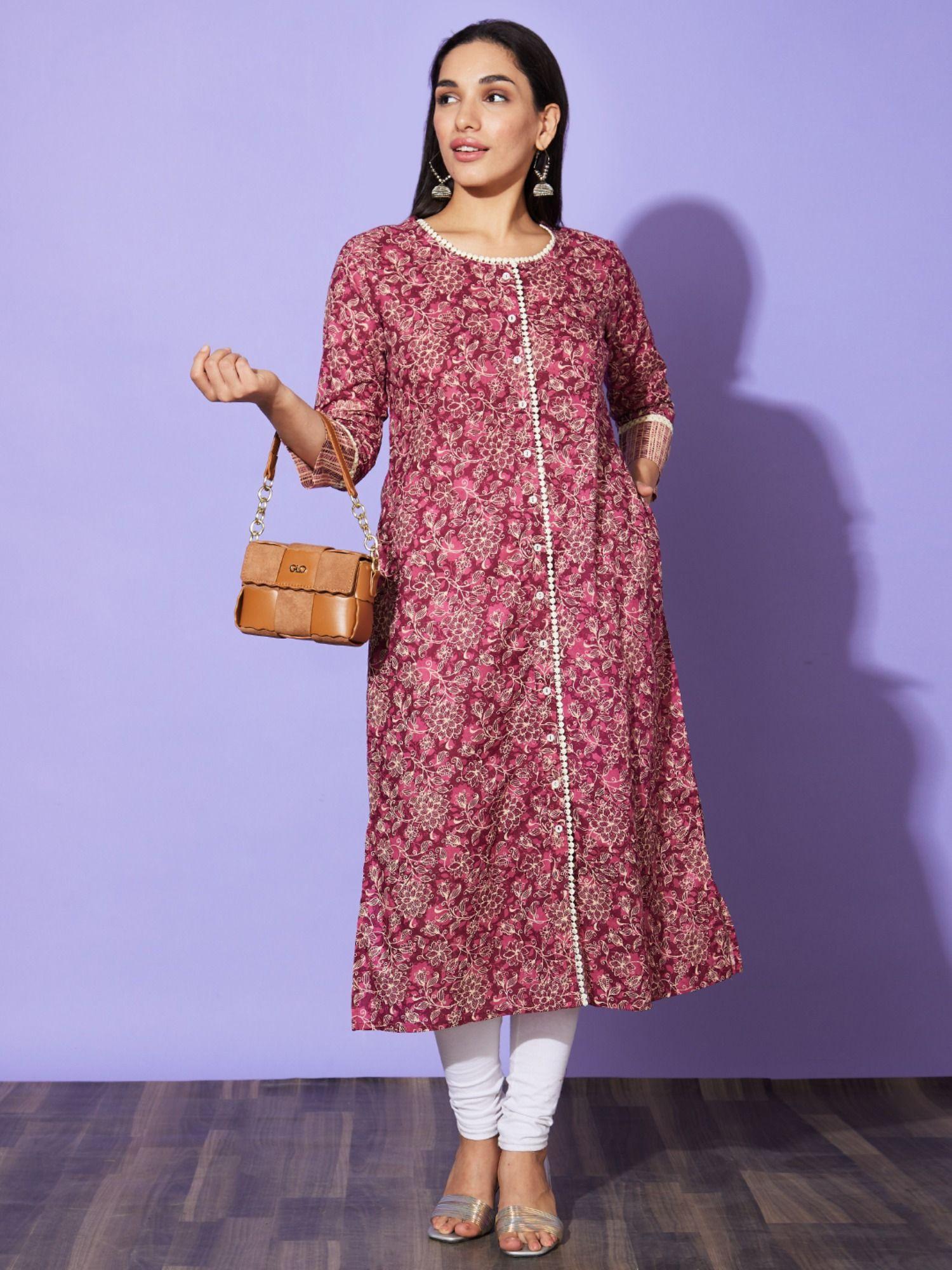 women wine floral print round neck cotton casual a-line kurta