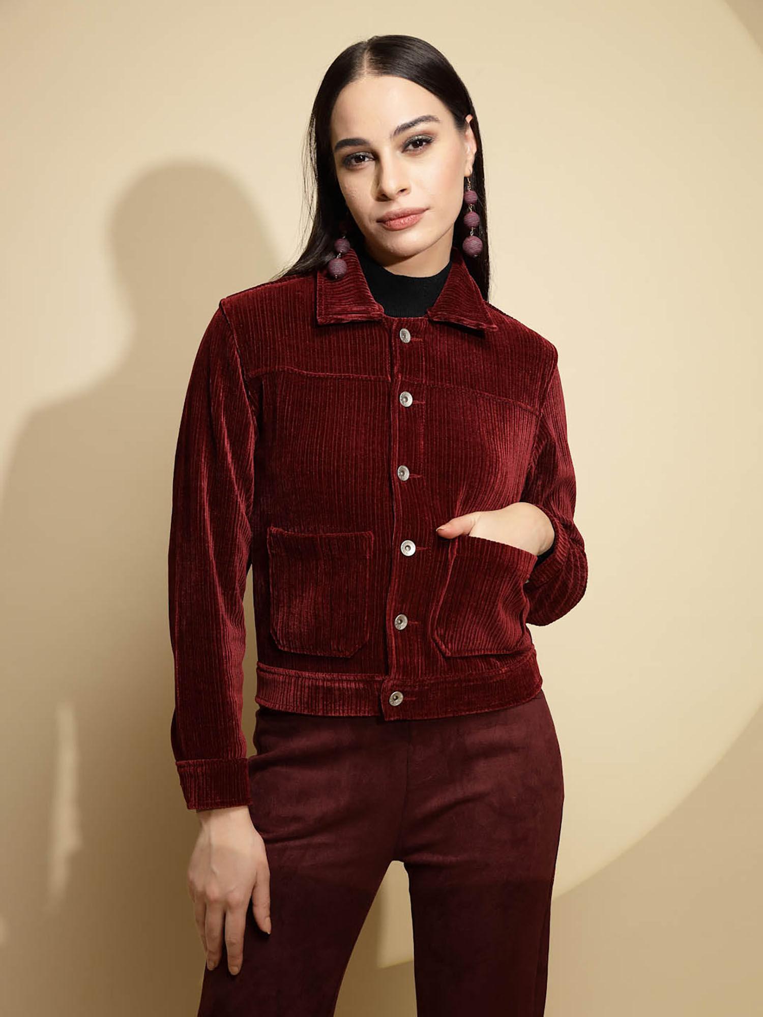 women wine full sleeve suede jacket