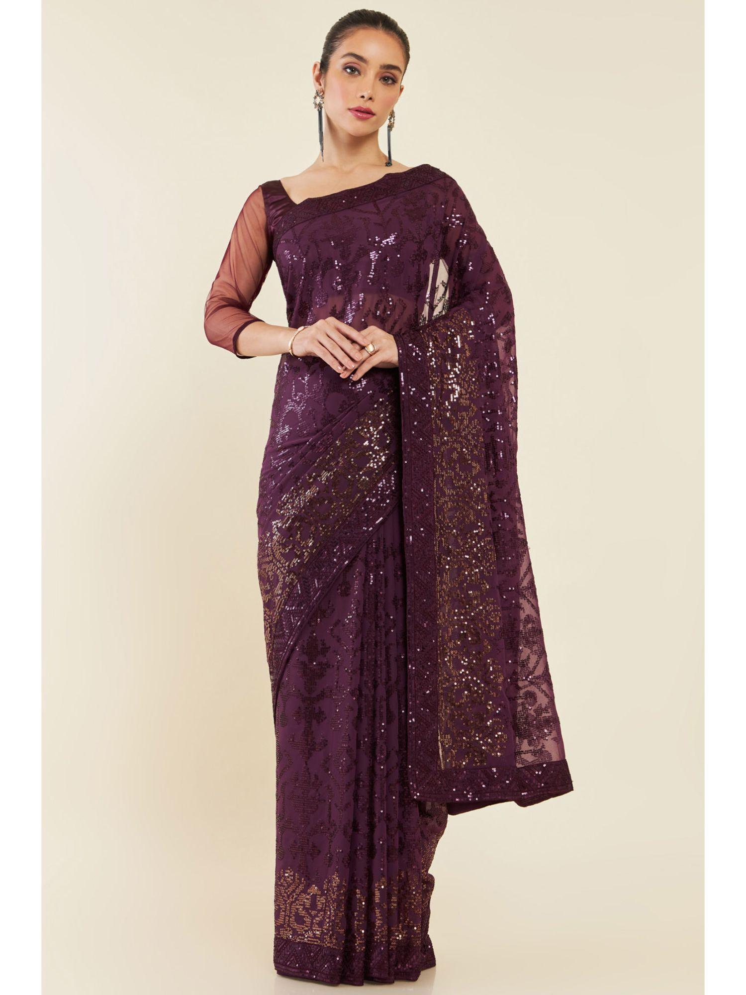 women wine georgette embellished/sequined saree with unstitched blouse