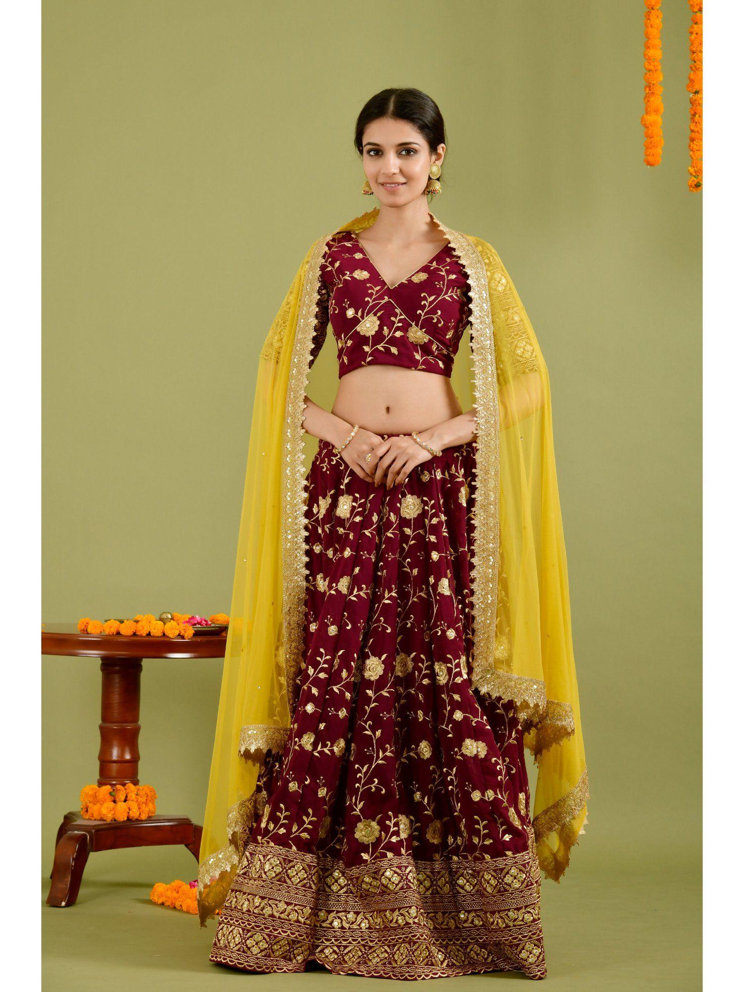 women wine lehenga (set of 3)