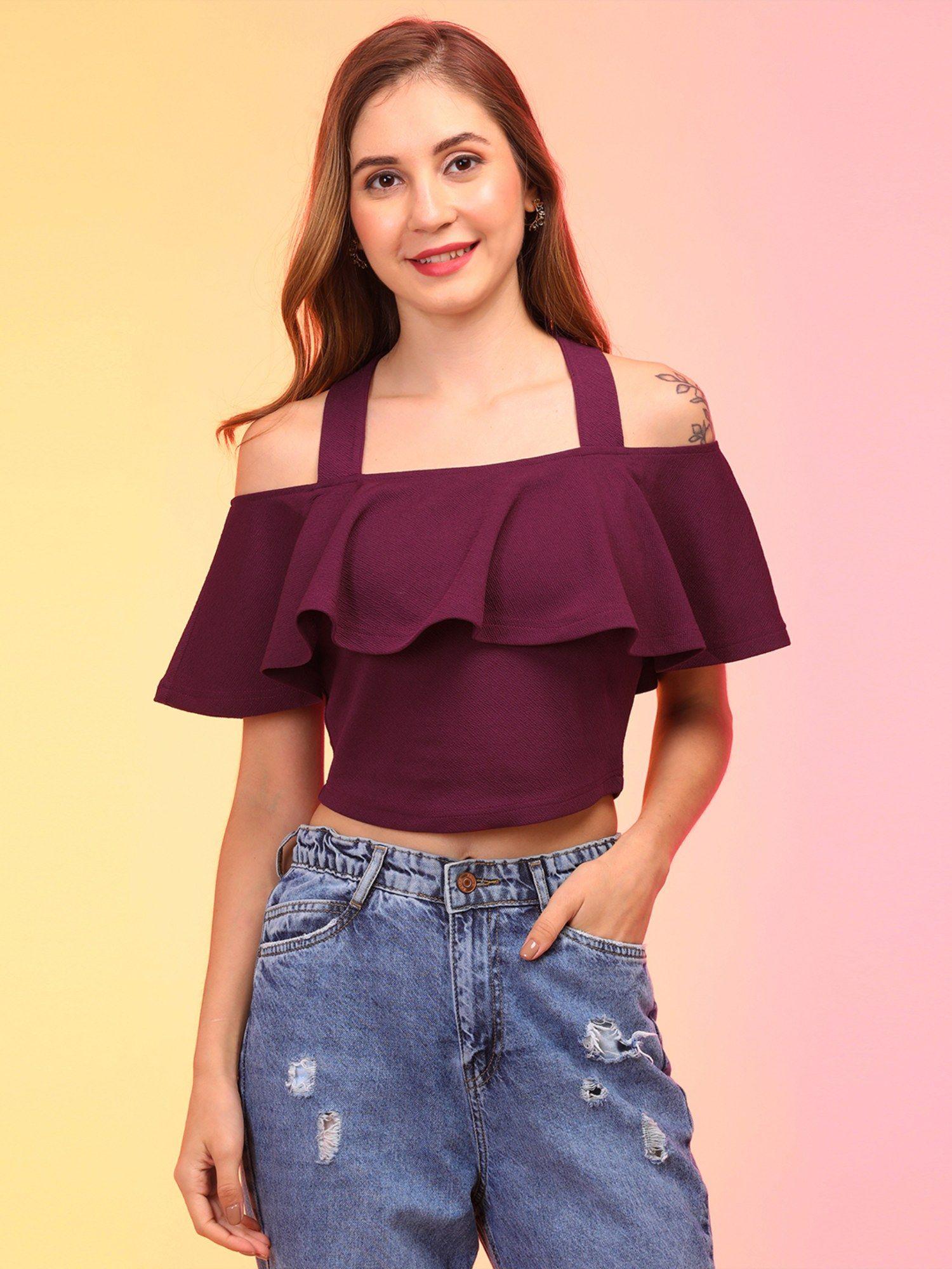 women wine off shoulder crop top