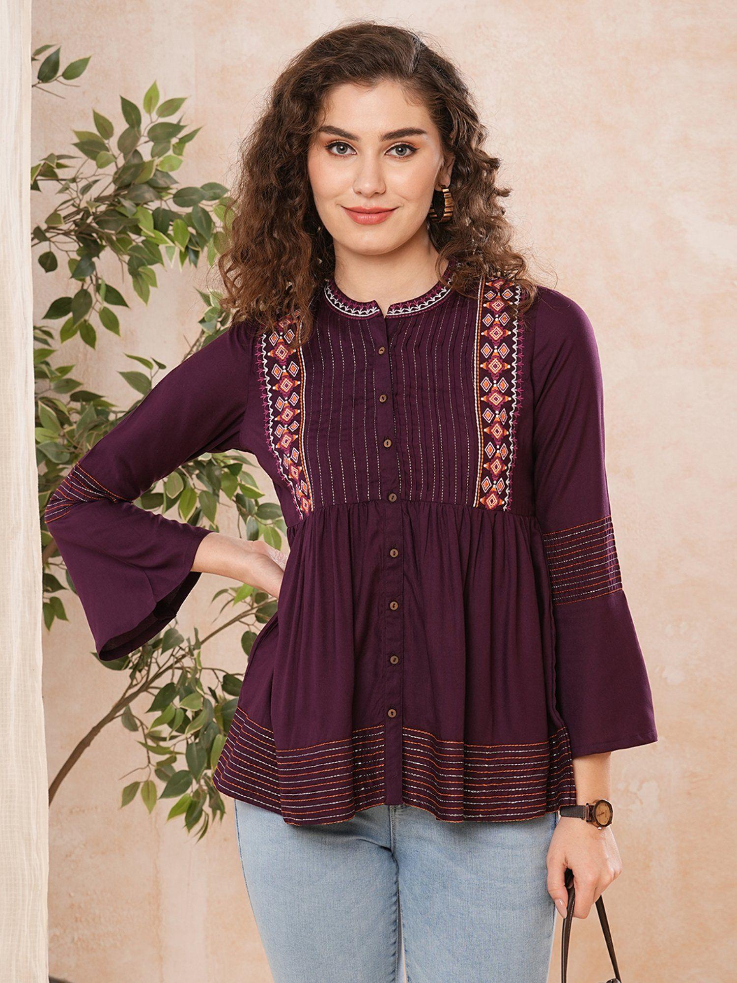 women wine pleat detailing a-line tunic