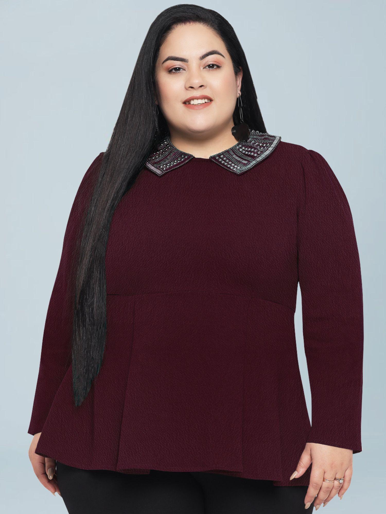 women wine plus size embellished collar top