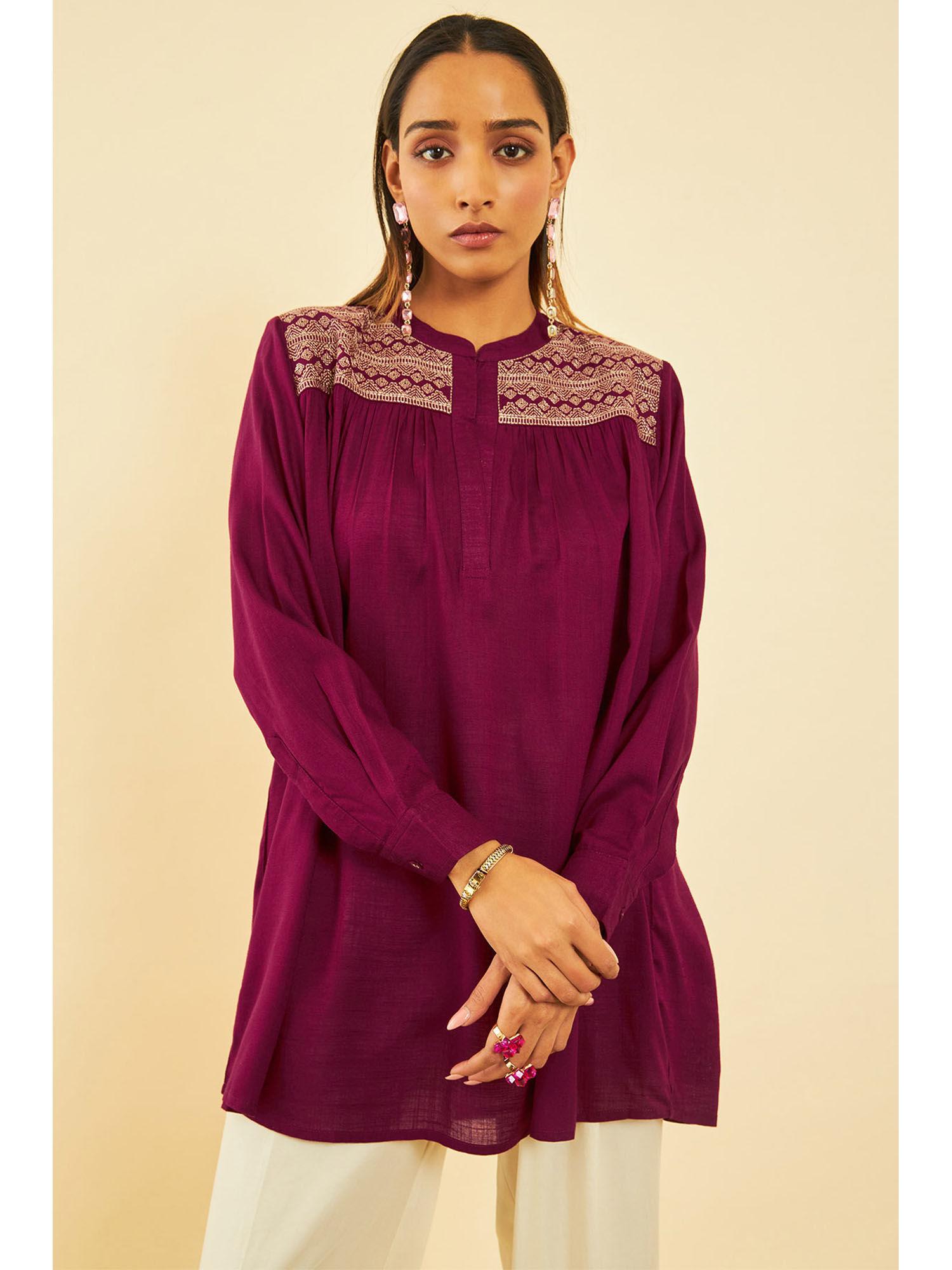 women wine rayon embroidered tunic