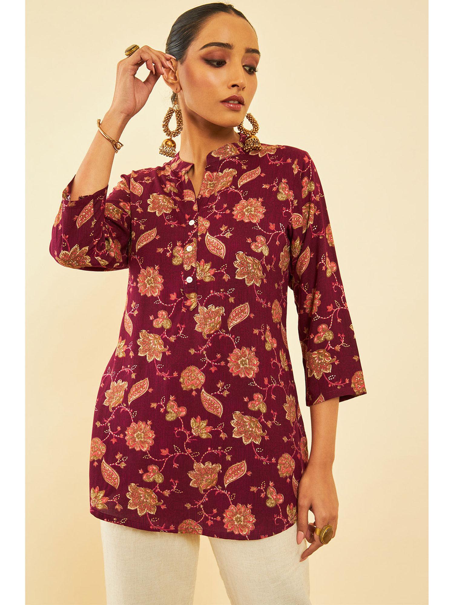 women wine rayon floral tunic