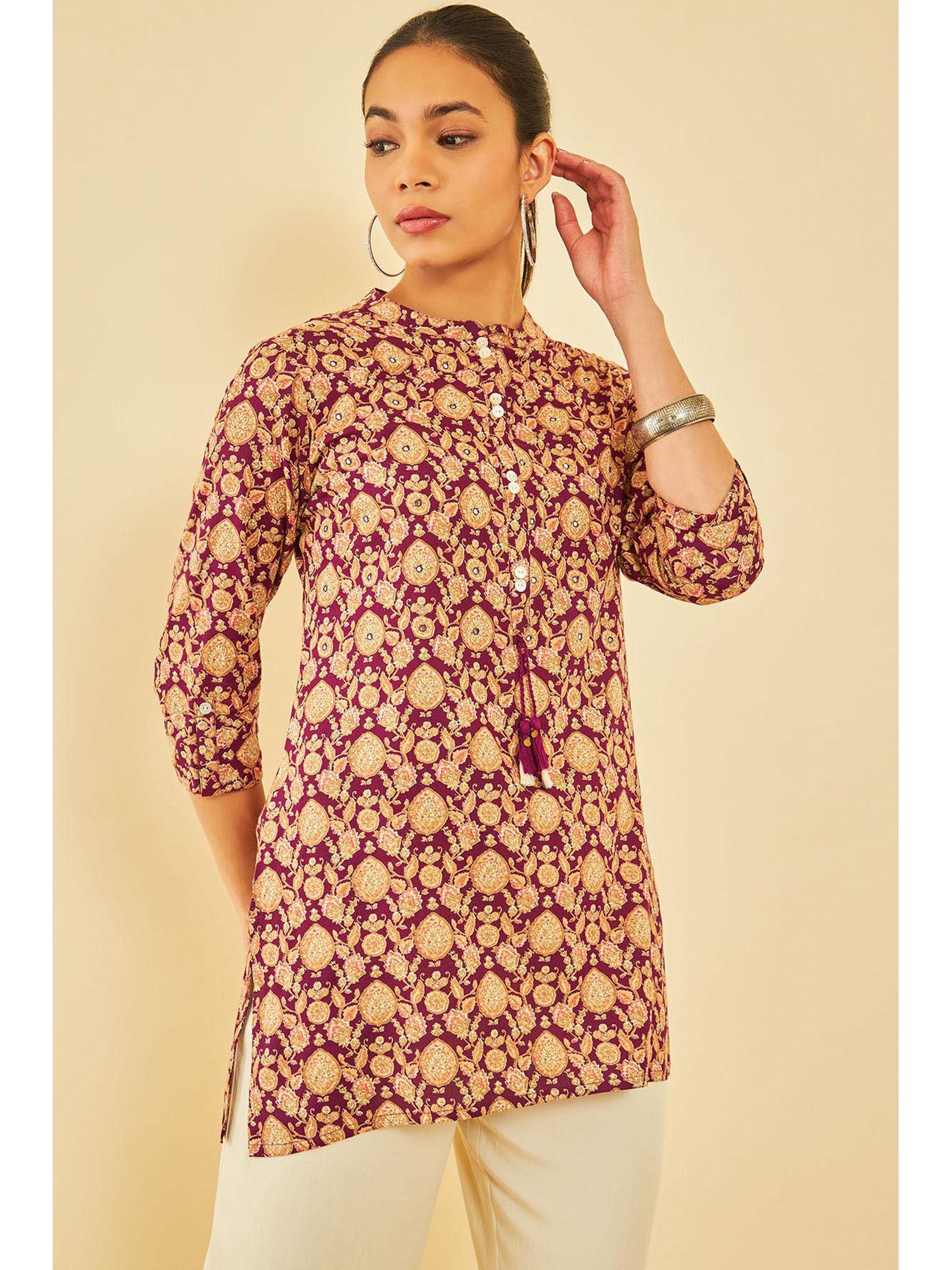 women wine rayon floral tunic