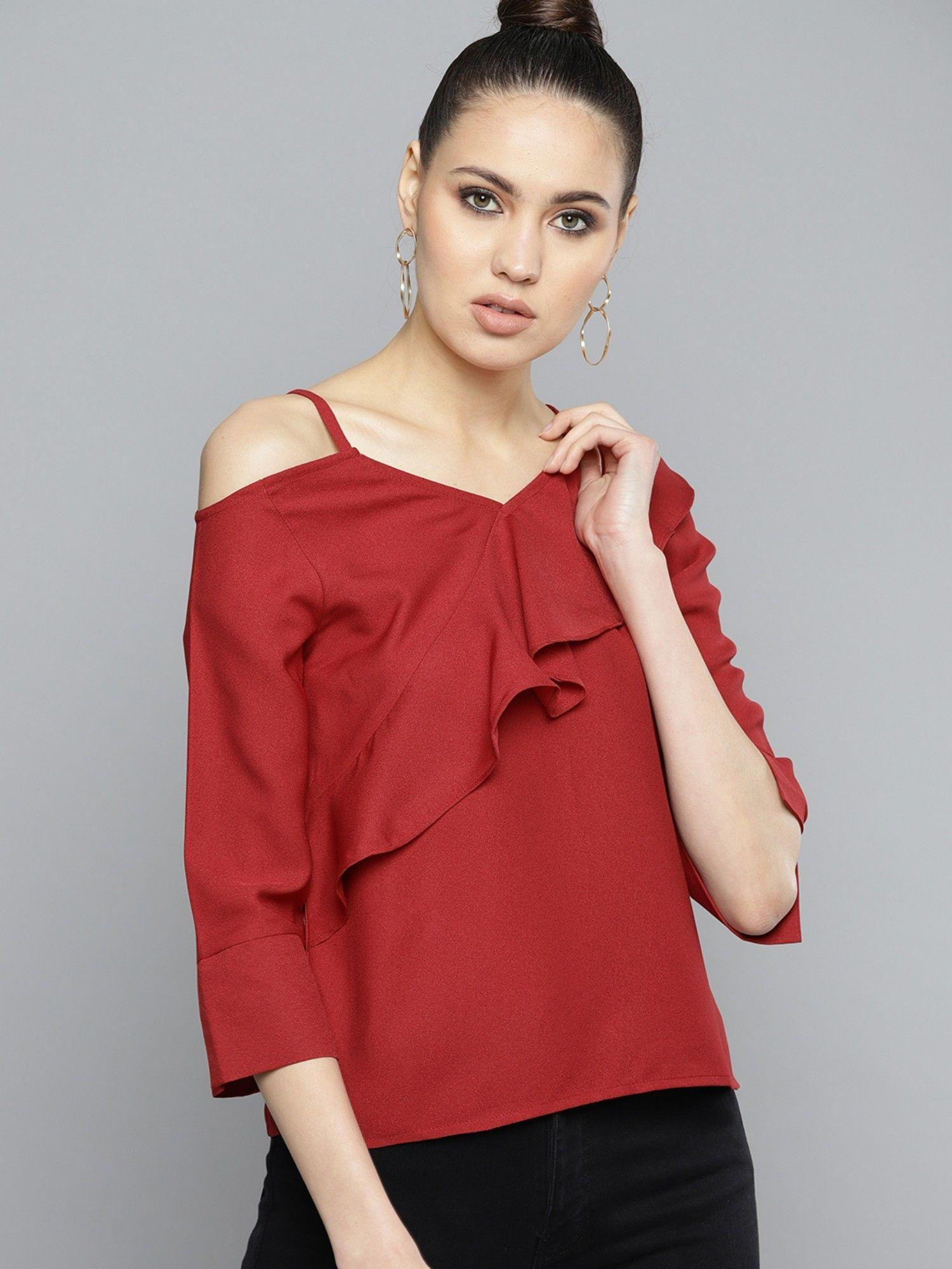 women wine red solid top