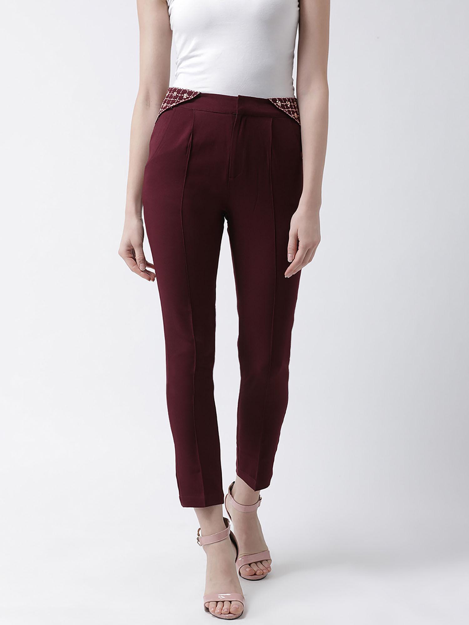 women wine regular fit embroidered straight mid waist pant