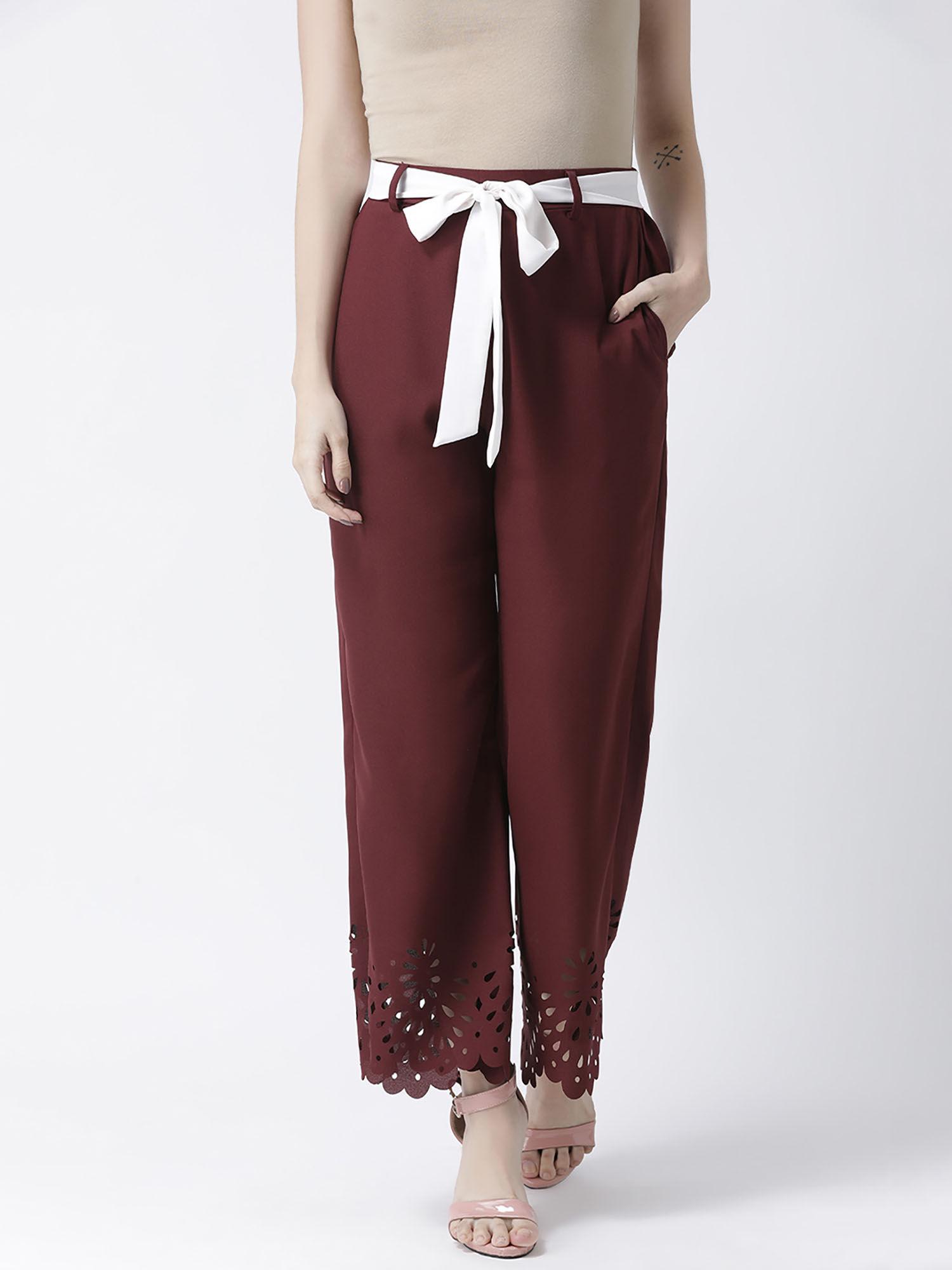 women wine regular fit self design wide mid waist pant