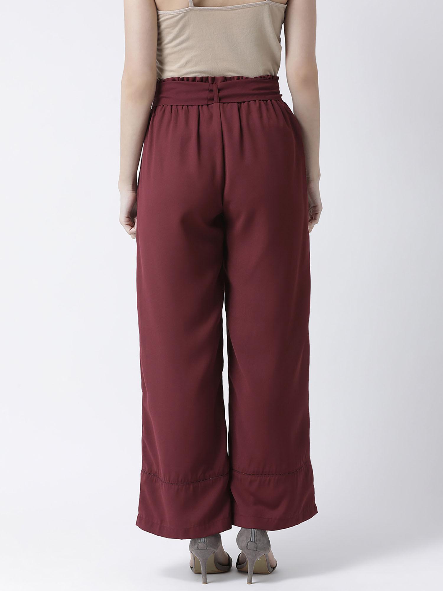 women wine regular fit solid wide mid waist pant