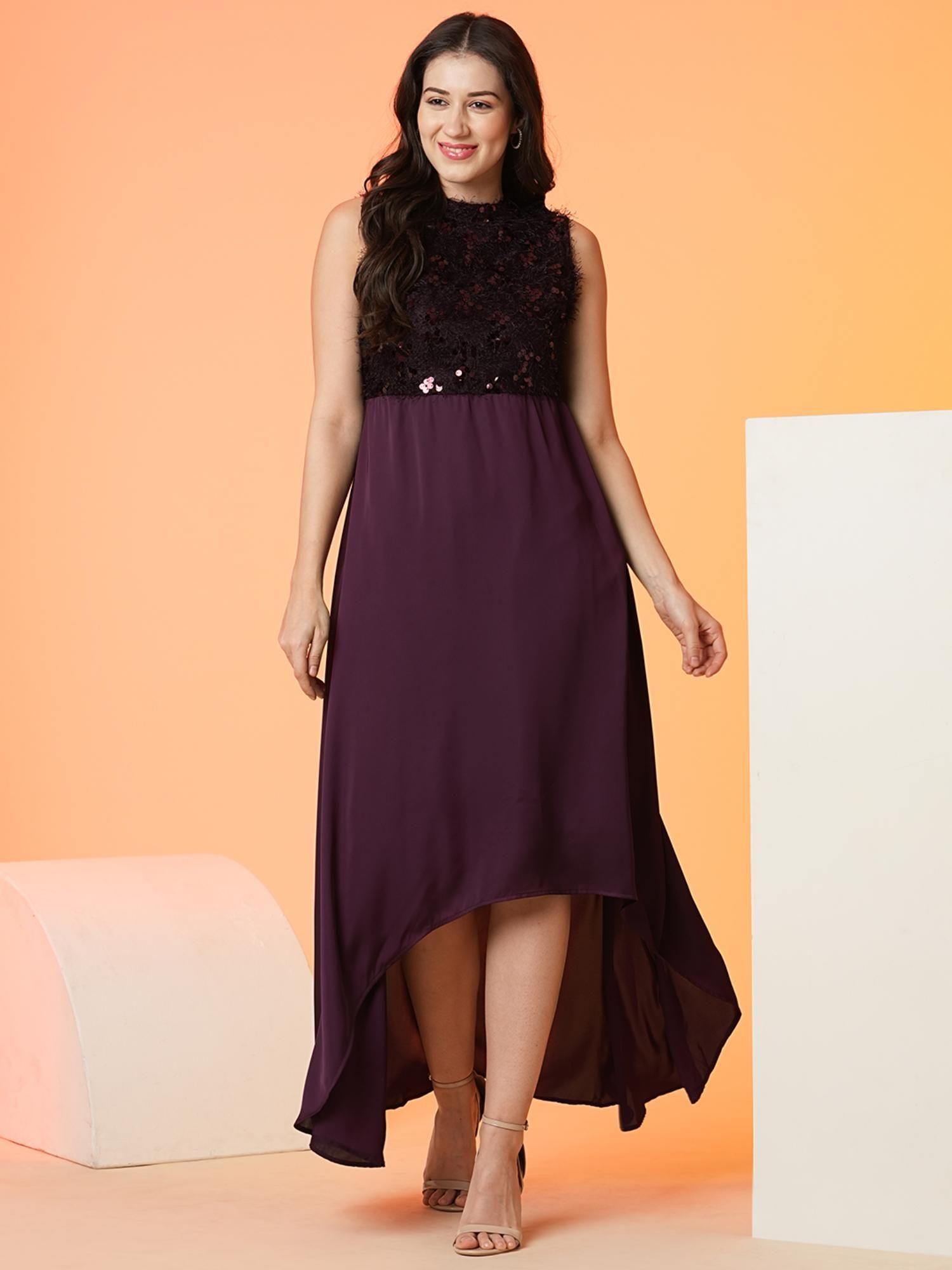 women wine sequined fit and flare maxi party dress