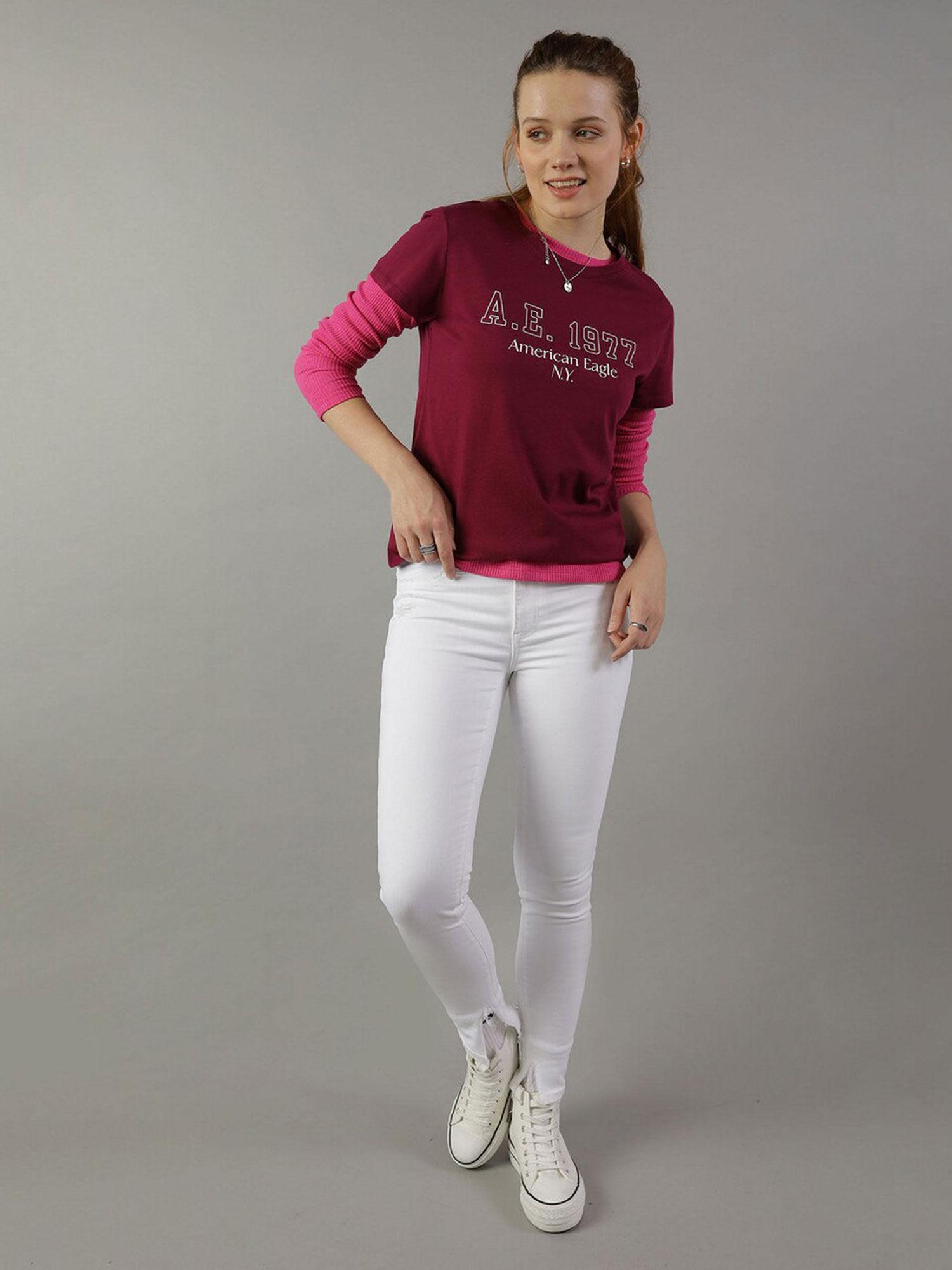 women wine slim graphic crew neck t-shirt