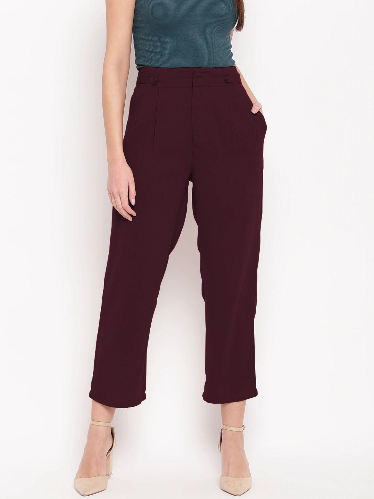 women wine solid ankle trouser