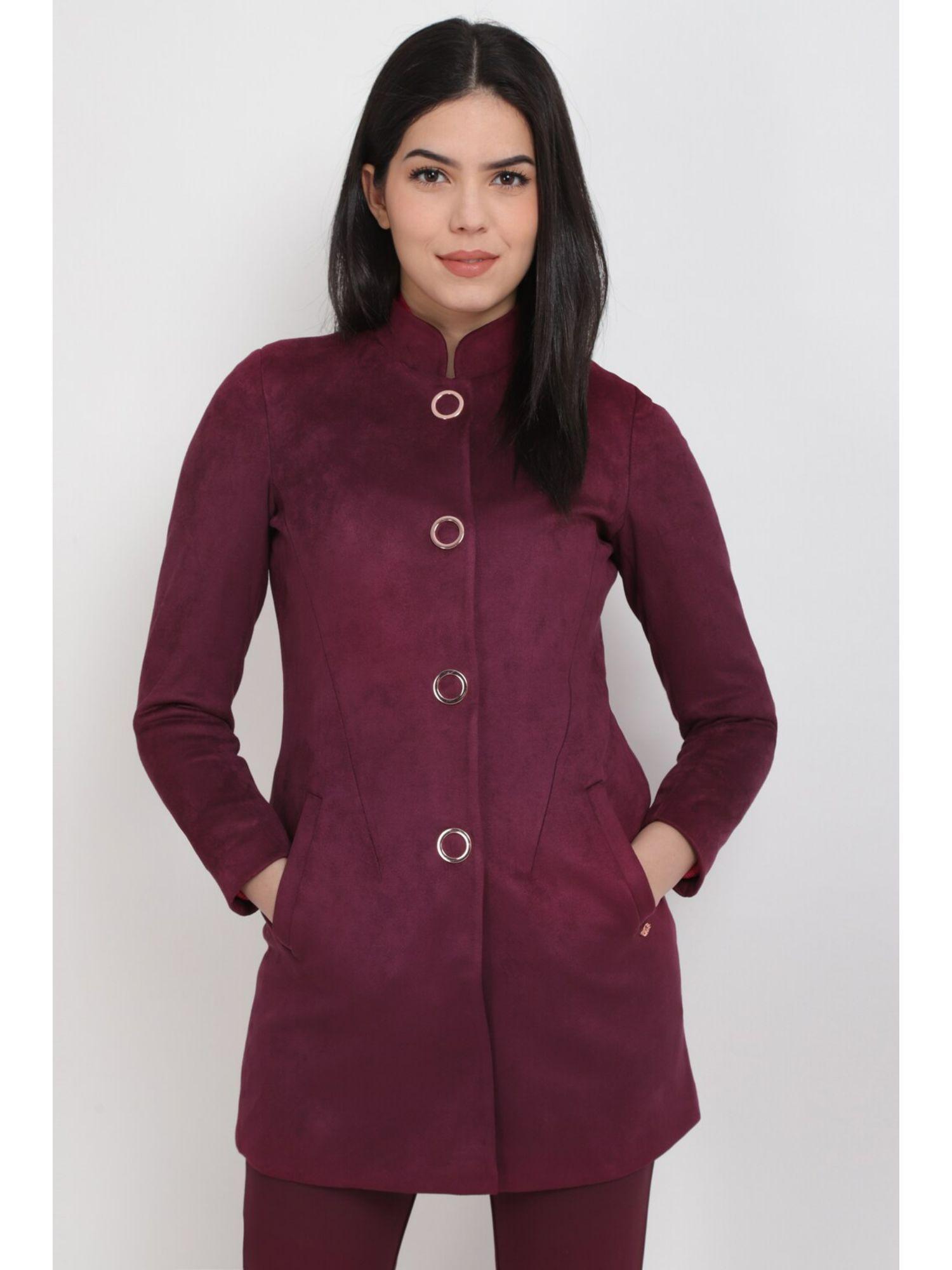 women wine solid casual coat