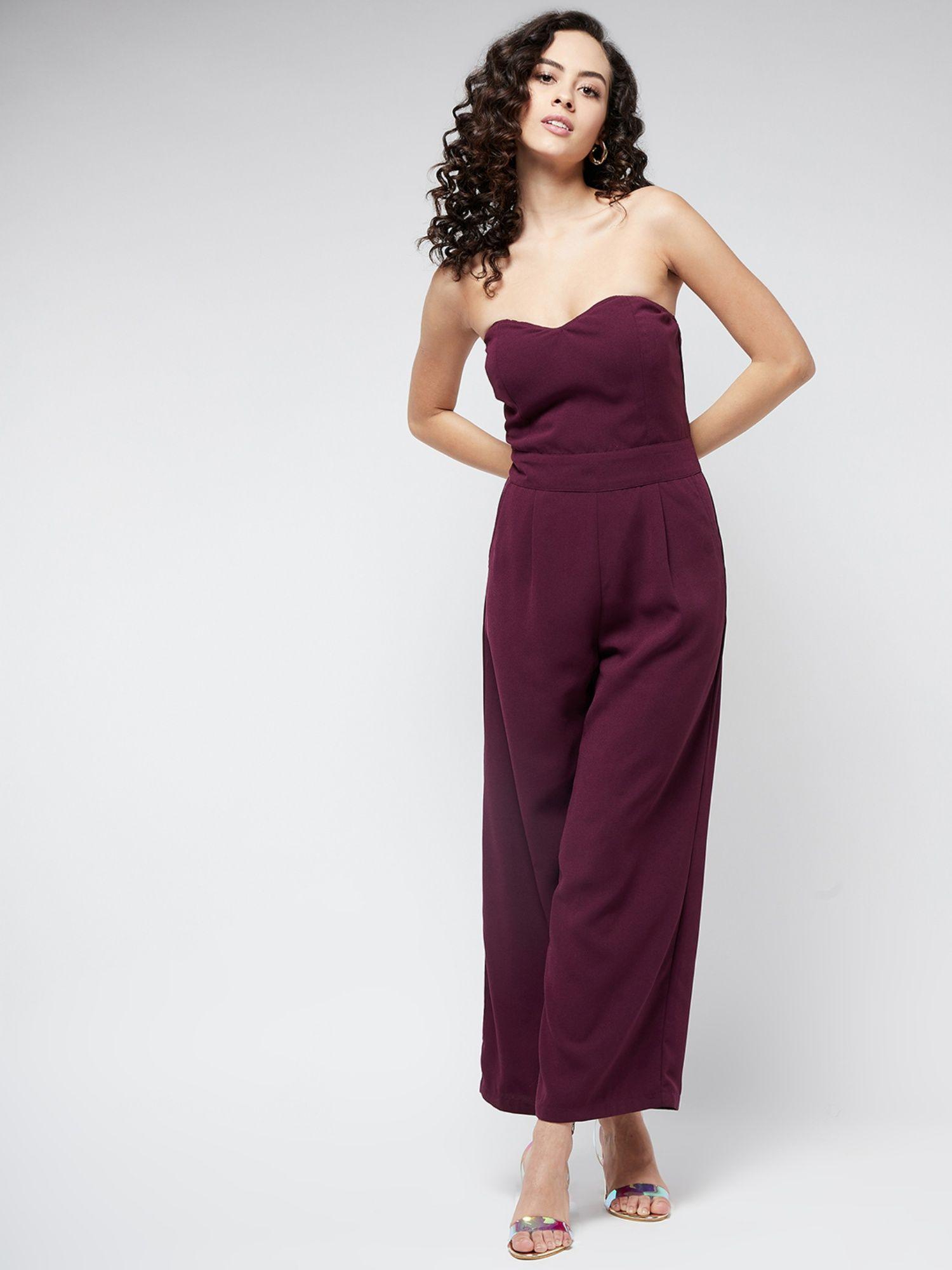 women wine solid corset jumpsuit