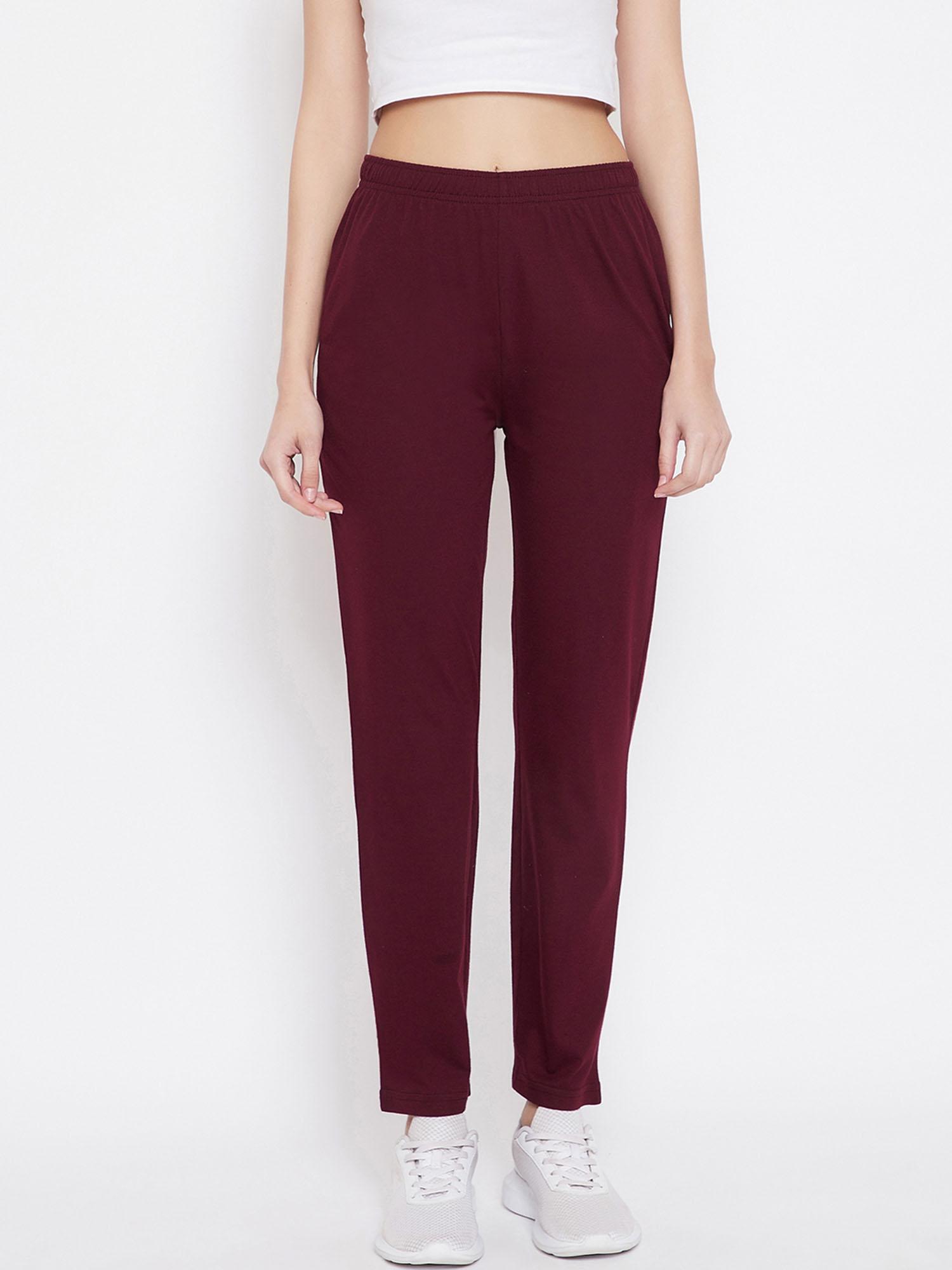 women wine solid cotton track pants