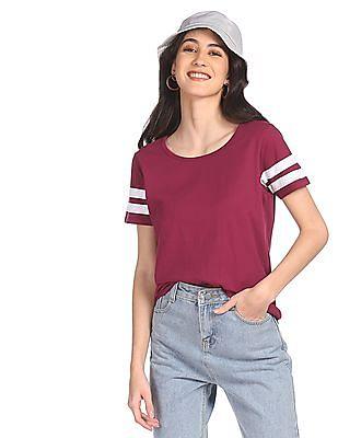 women wine solid round neck t-shirt