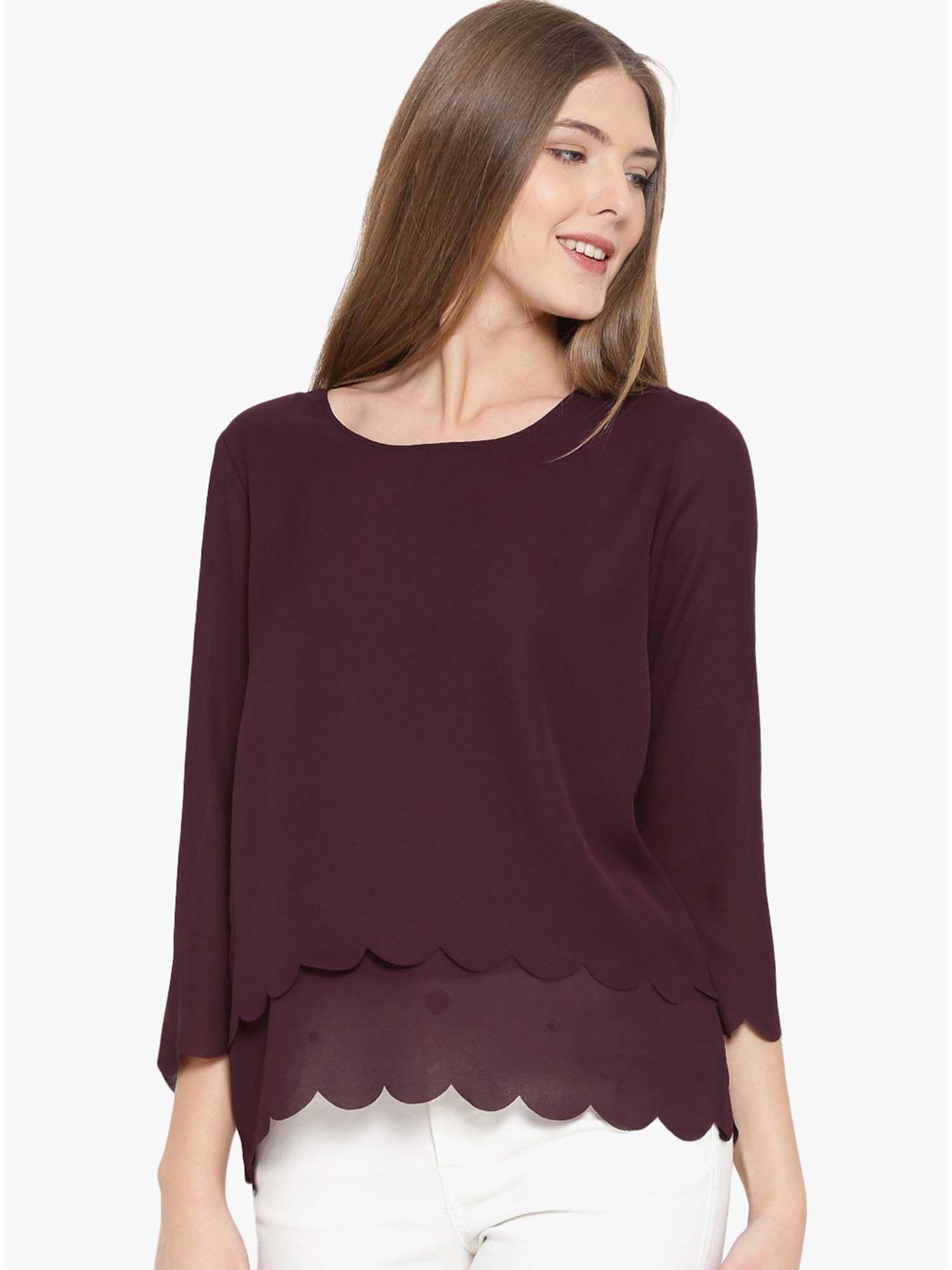 women wine solid scalloped hem layered top