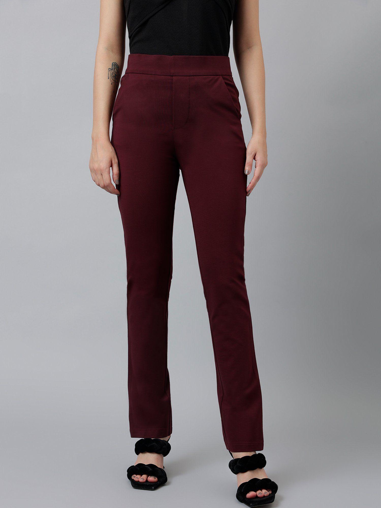 women wine solid slim fit high rise trouser