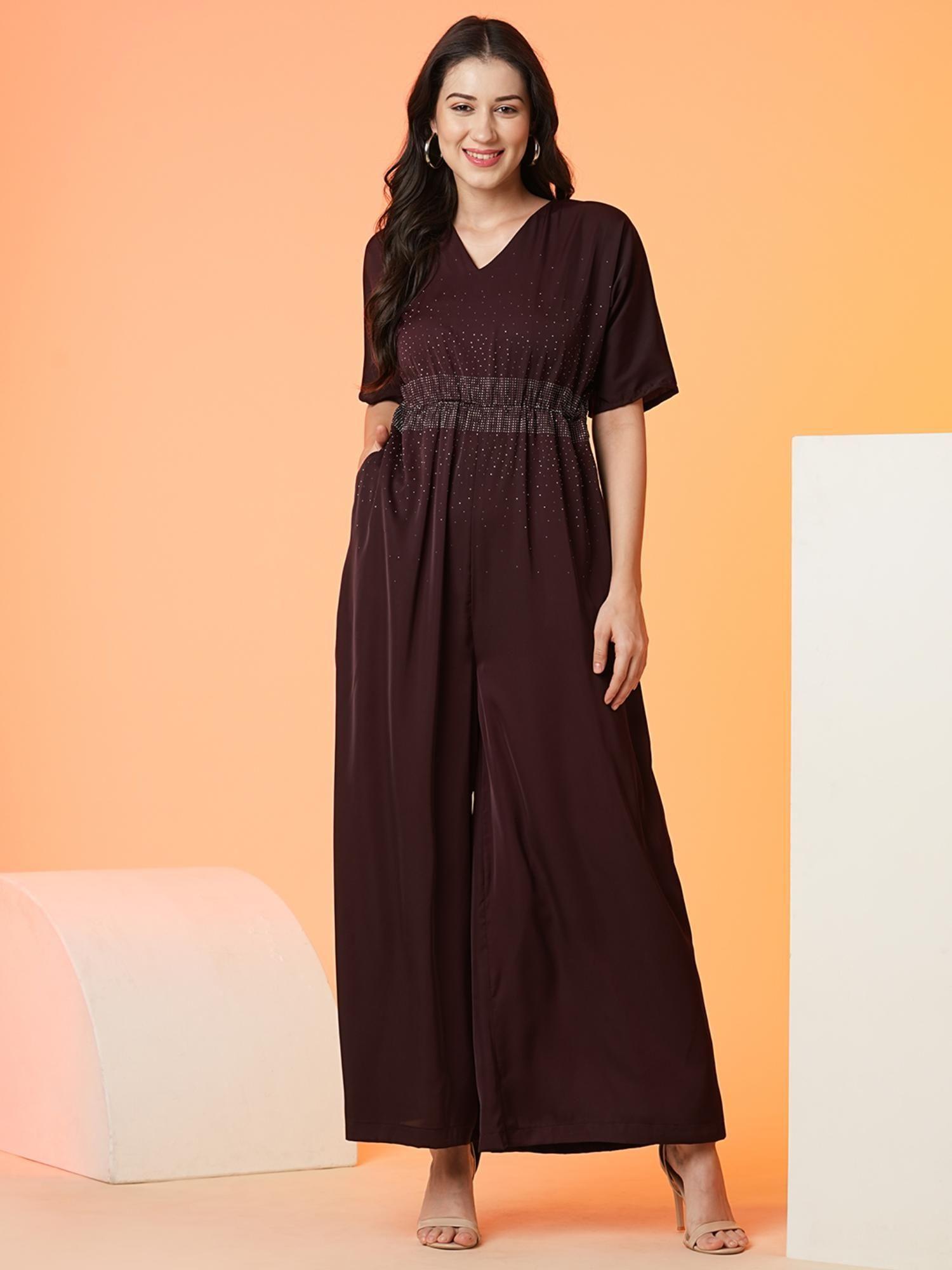 women wine v-neck short sleeves party wear jumpsuit